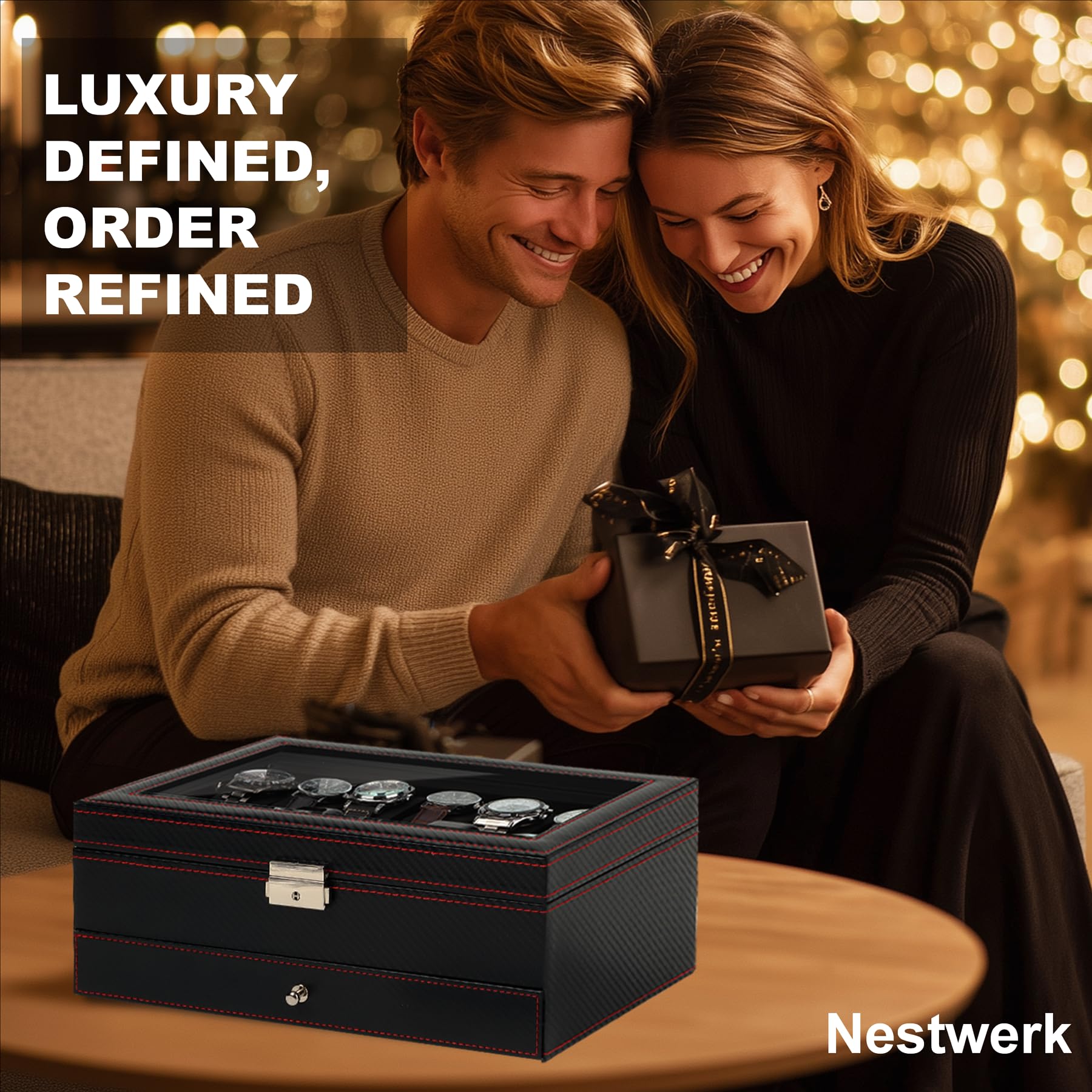 Boîte à montres et bijoux, rangement pour 12 montres sur 2 niveaux avec grand couvercle en verre, coffret de rangement pour montres homme avec serrure, présentoir pour montres, cadeau pour homme et