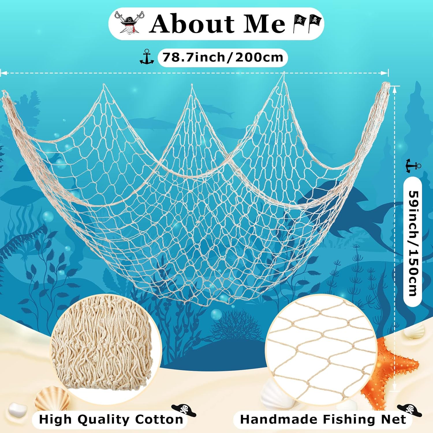 Chumia 12 Pcs Fish Net Decorative Hanging Party Supplies 78.7 x 59 Inch Nautical Party Decorations Natural Cotton Fishnet Accessory for Hawaiian Pirate Fishing Theme Supplies (Beige)