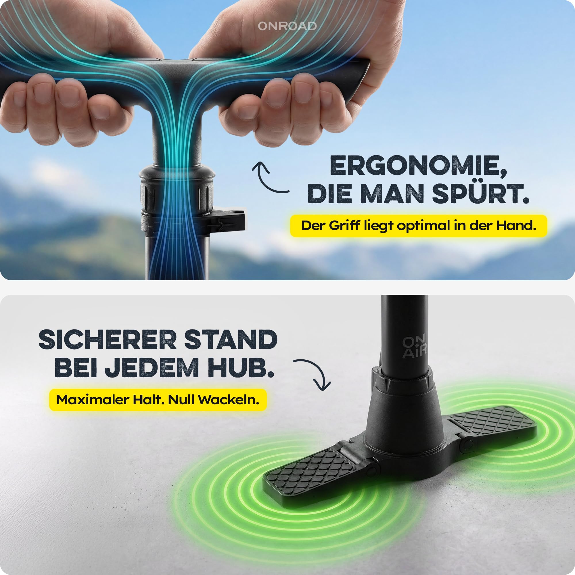 Fahrradpumpe alle Ventile (Presta/SV, AV, DV) – Luftpumpe Fahrrad ON‑AIR mit großem Manometer, Adaptern & Ballnadel, Leistungsstarke & hochwertige Standpumpe – Pumpe für Unterwegs & Zuhause
