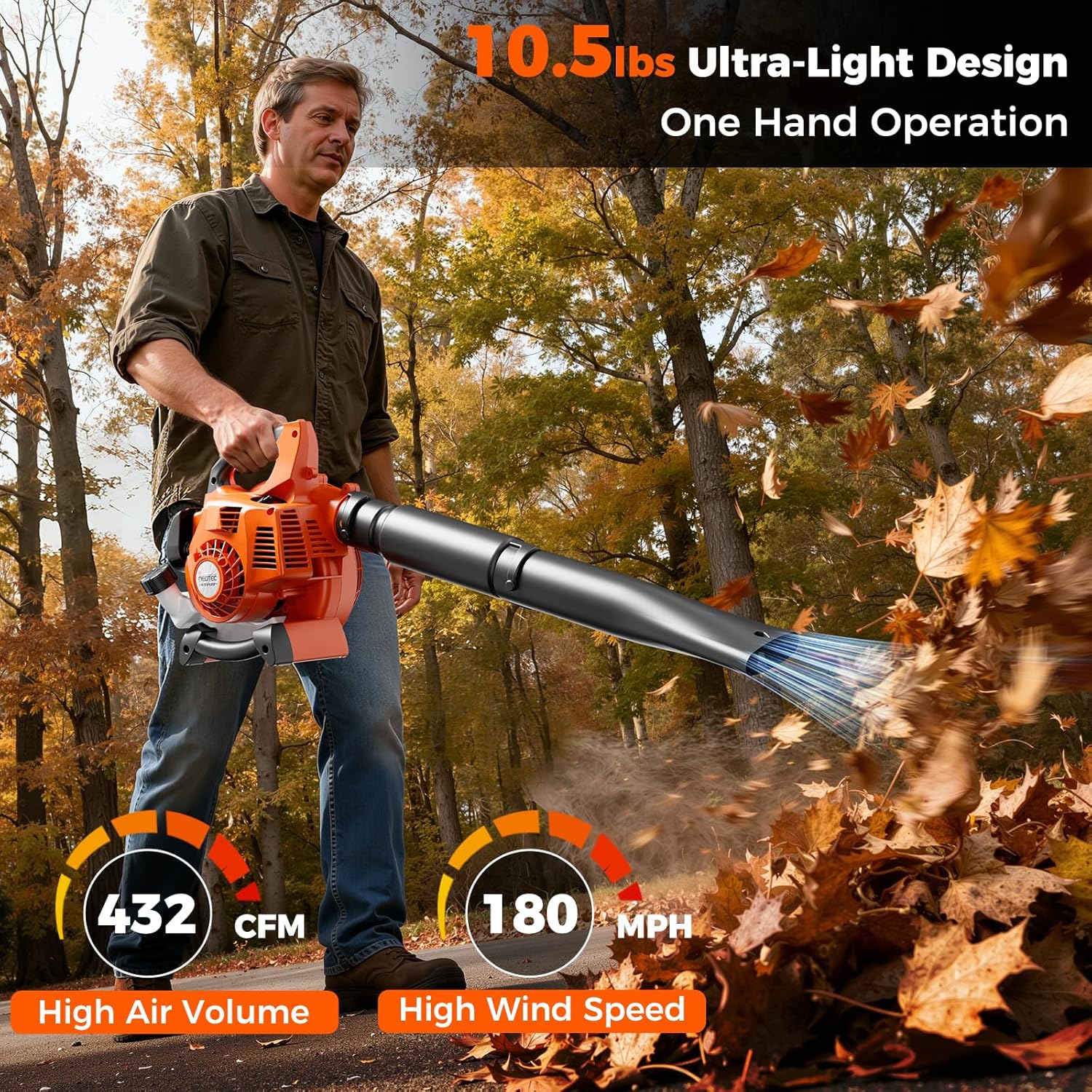 Man operating the NEOTEC leaf blower, showing its lightweight design and powerful airflow of 432 CFM and 180 MPH