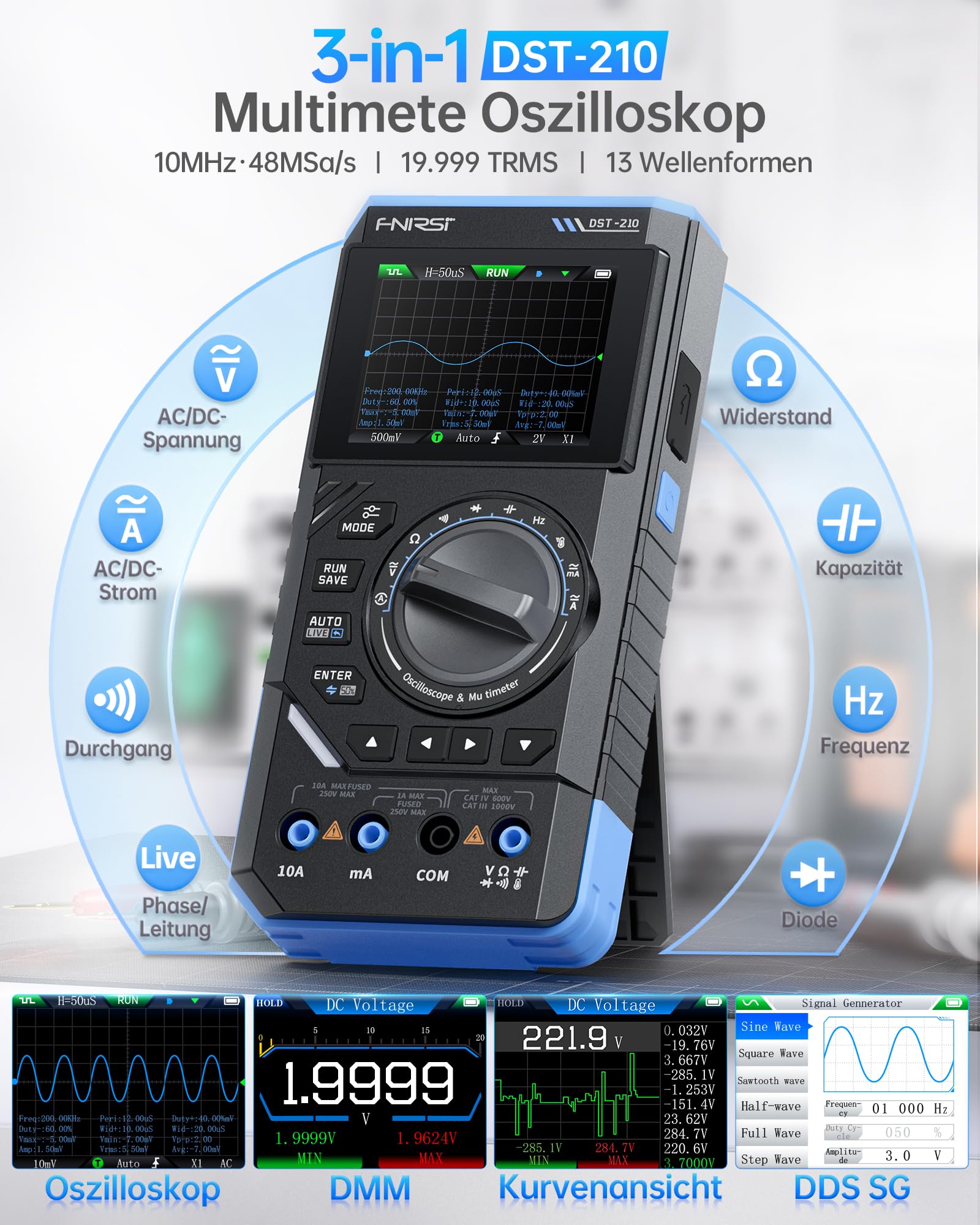 FNIRSI DST-210 Handoszilloskop, 10MHz Bandbreite, 19999 Zählimpulse, Digitales Oszilloskop,Multimeter, DDS-Generator 3-in-1, 48MS/s Abtastrate, AC/DC-Spannungsstrom, Kondensator, Widerstand, Diode