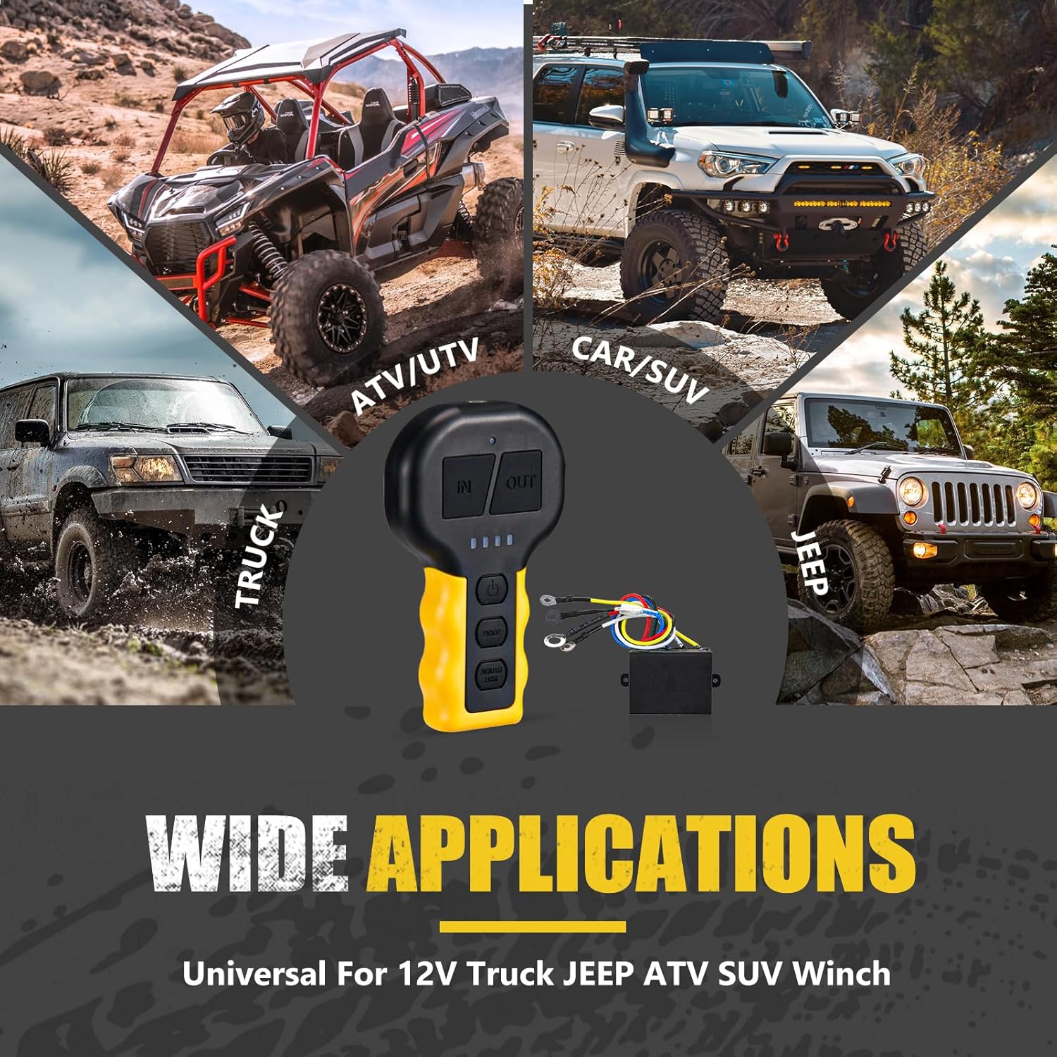 BUNKER INDUST Winch Remote Control Switch Receiver Kit Universal for ATV SUV Truck Jeep, 12V Wireless Remote Controller with Built-in LED Light for Night-time Recovery Winch