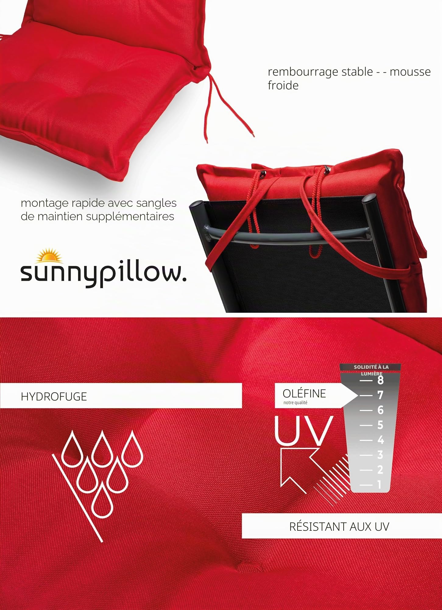 sunnypillow Lot de 2 Coussins de Chaise de Jardin Dossier Haut - 120 x 50 x 9 cm - Résistant UV, Impermeable, Extérieur - Cordons de retenue, Bande de réglage, Repose-tête Amovible - Rouge