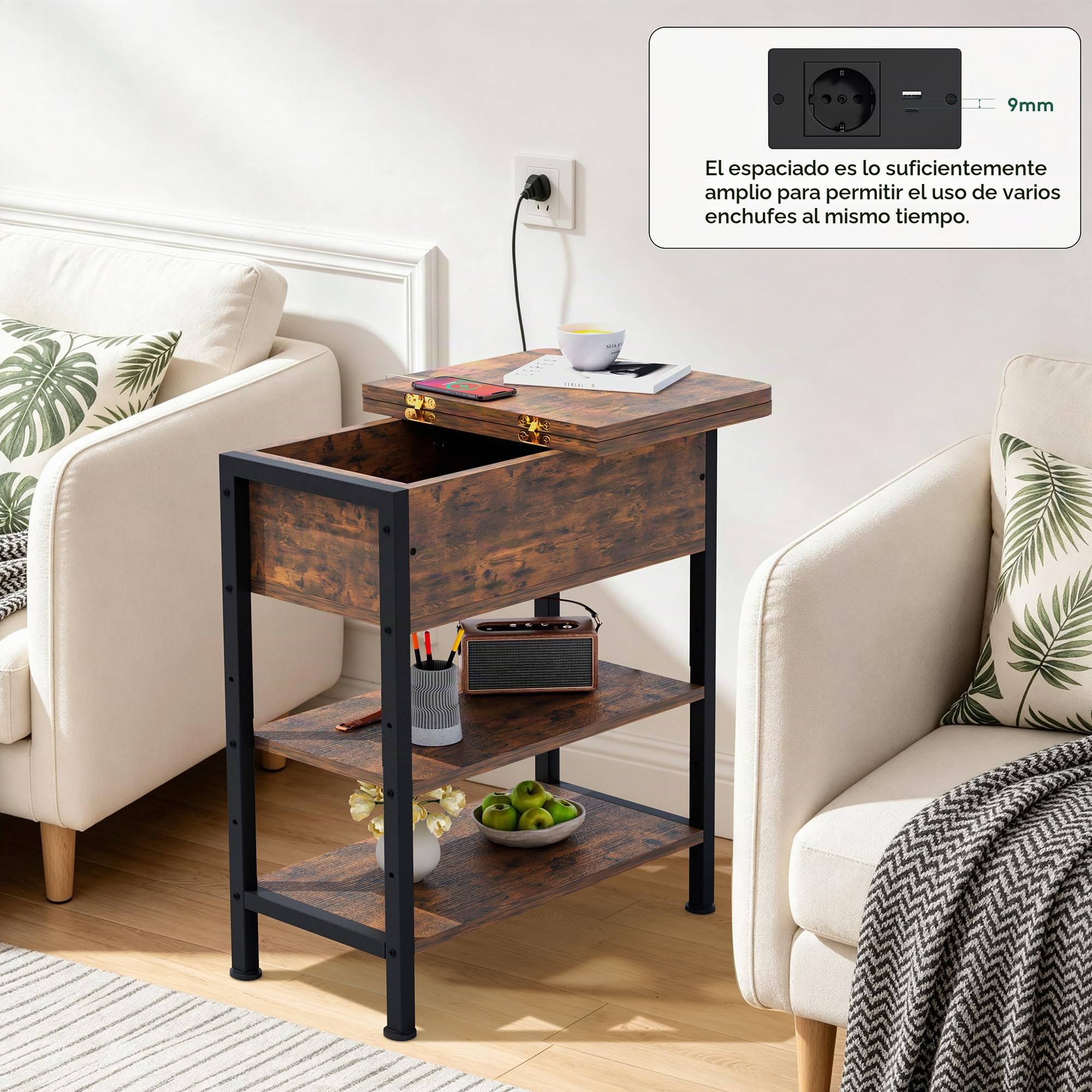 Mesa Auxiliar Pequeña con Multienchufe, Mesa Lateral Estrecha Madera