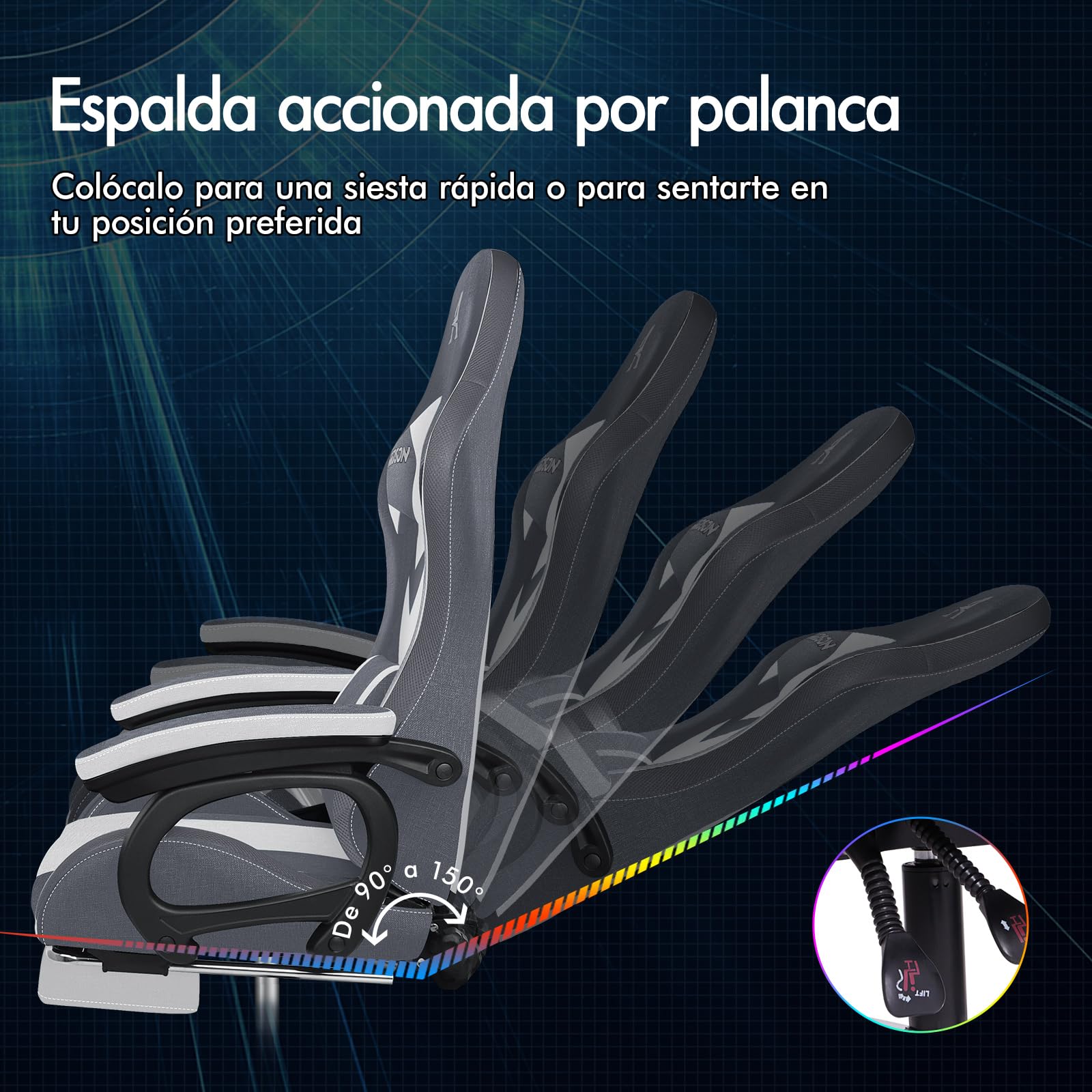 ALFORDSON Silla Gaming con Masaje y LED, Silla Gamer Ergonómica con Cojín Lumbar y Cervical, Reposapiés Telescópico, Iluminación para Ordenador, Videojuego, Juegos, Oficina, Lino(Gris con Splicing)