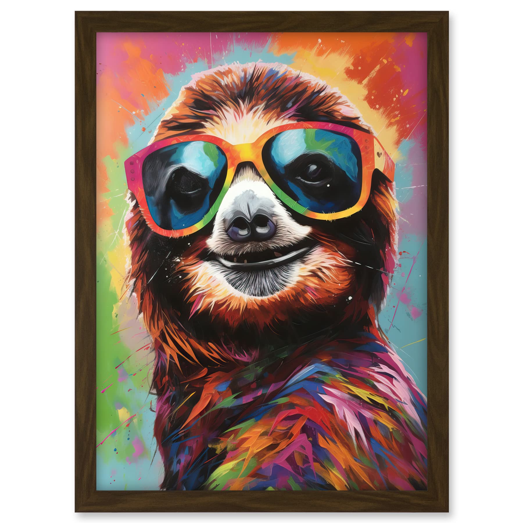 Artery8 Multicoloured Smiling Sloth Wearing Sunglasses Artwork Framed A3 Wall Art Print