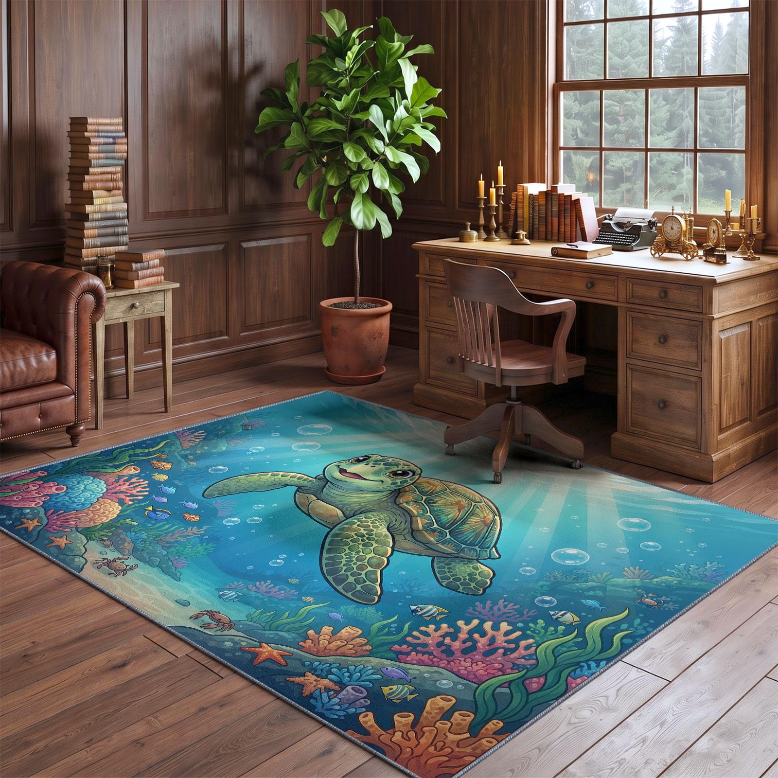 Monde Féerique Tapis de Salon, Bleu Ciel Lavable Tapis Flanelle Douce, Cartoon Océan Animal Tortue Marine Poil Ras Antidérapant 120 x 170 cm Enfants Tapis pour Salle à Manger Chambre Canapé