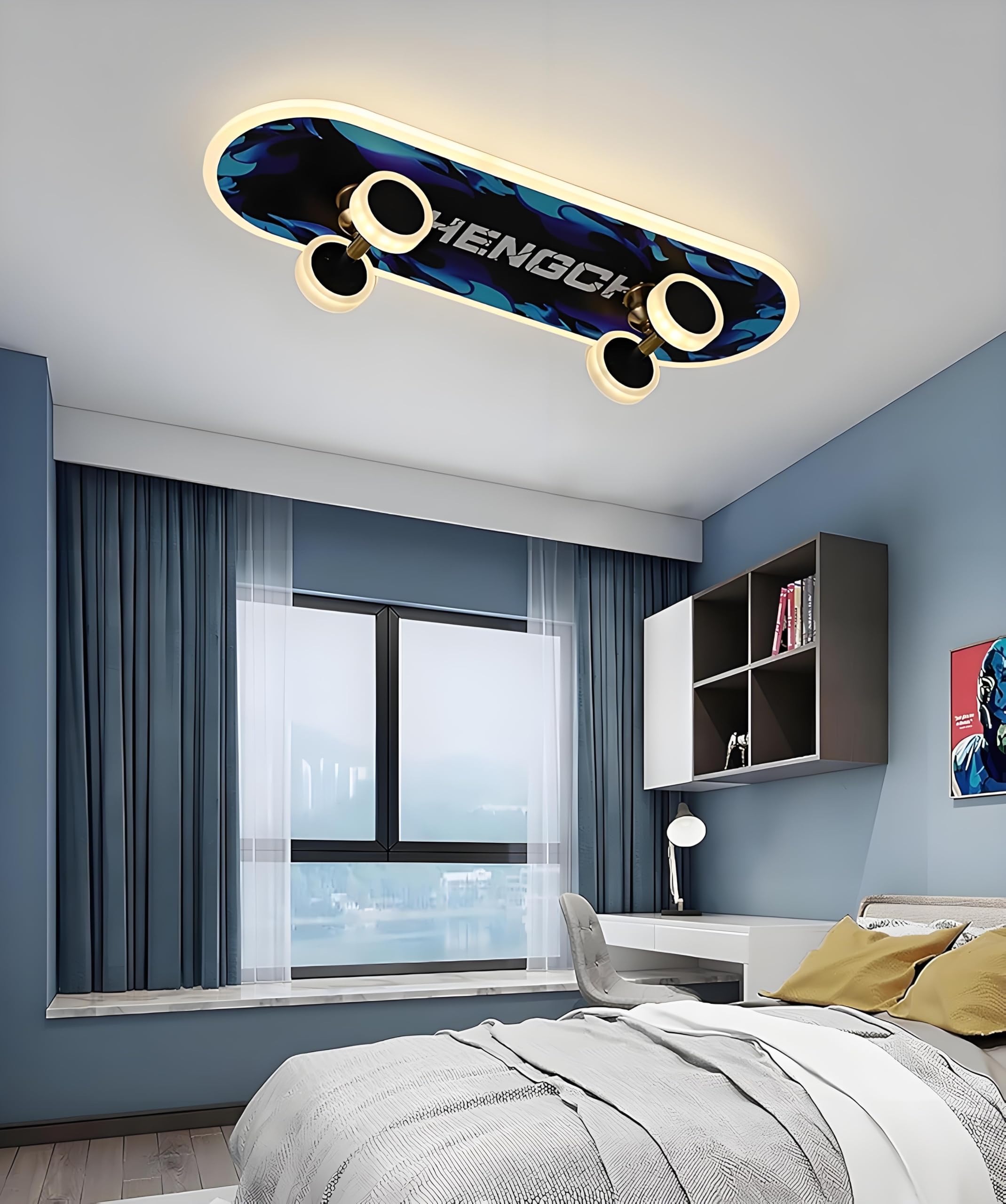LED Deckenleuchte - Kinderzimmer Lampe Decke Dimmbar mit Fernbedienung & APP, RGB Farbwechsel Kinder Deckenlampe, Kreative Skateboard Leuchte für Deko Junge/Mädchen Schlafzimmer, 32W, L60CM