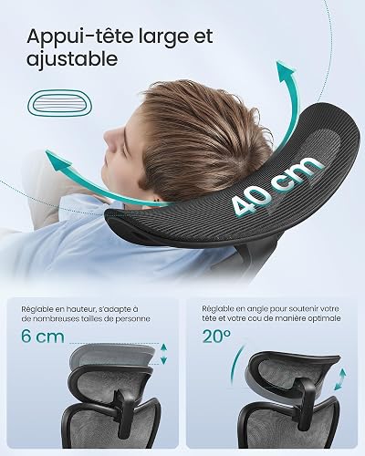SONGMICS Sedia da Ufficio Ergonomica, Sedia da Scrivania Computer, Poggiatesta e Supporto Lombare Regolabili, Portata Fino a 150 kg, Regolabile in Altezza, Nero Inchiostro OBN066BH01 - 8