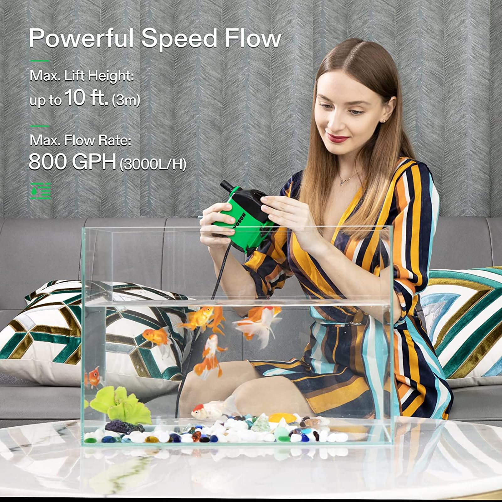 JOSBY Bomba Sumergible 8800GPH, Bomba de Agua Ultra silenciosa con elevación Alta de 3M, Cable de alimentación, 3 boquillas para peceras, estanques, acuarios, estatuas, hidroponía (3000L/H, 14W)