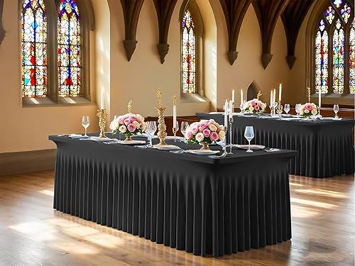 Miniatura 7 de Paquete de 6 manteles de elastano negro para mesas rectangulares de 6 pies, funda de mesa ajustable resistente a las arrugas, faldas de mesa