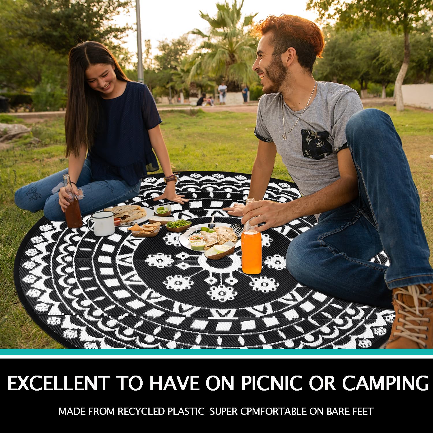 Capslpad Tapis rond extérieur réversible bohème paille plastique imperméable camping-car jardin balcon terrasse tente pique-nique plage camping sac transport