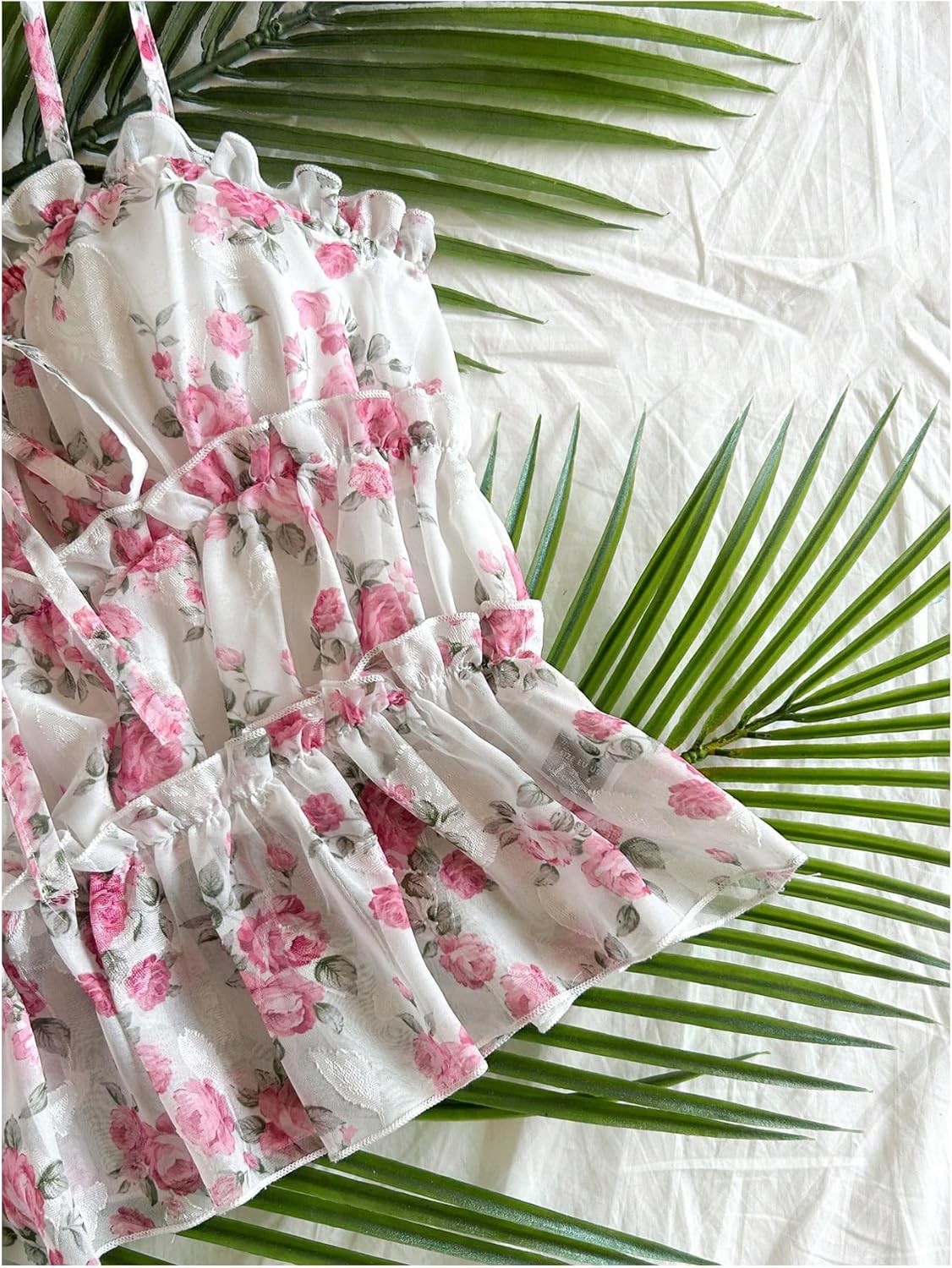 MakeMeChic Women's Mesh Floral Camisole Spaghetti Strap Tie Front Ruffle Y2k Tank Tops - Image 4