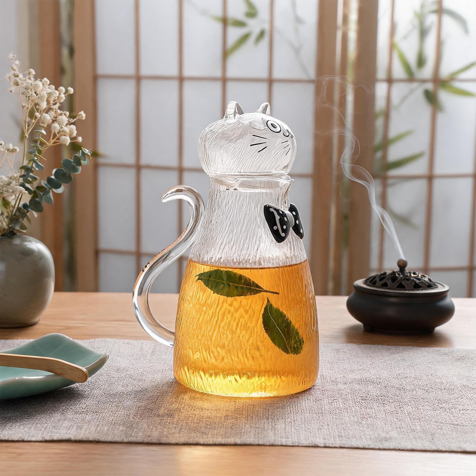 Wasserkrug aus Glas mit Deckel 1,8 Liter Katzen-Getränkebehälter mit Henkel | -Kanne für Kühlschrank, Küchenarbeitsplatte, Esstisch, Wohnzimmer, Büro, Party, Outdoor, Camping und Picknick
