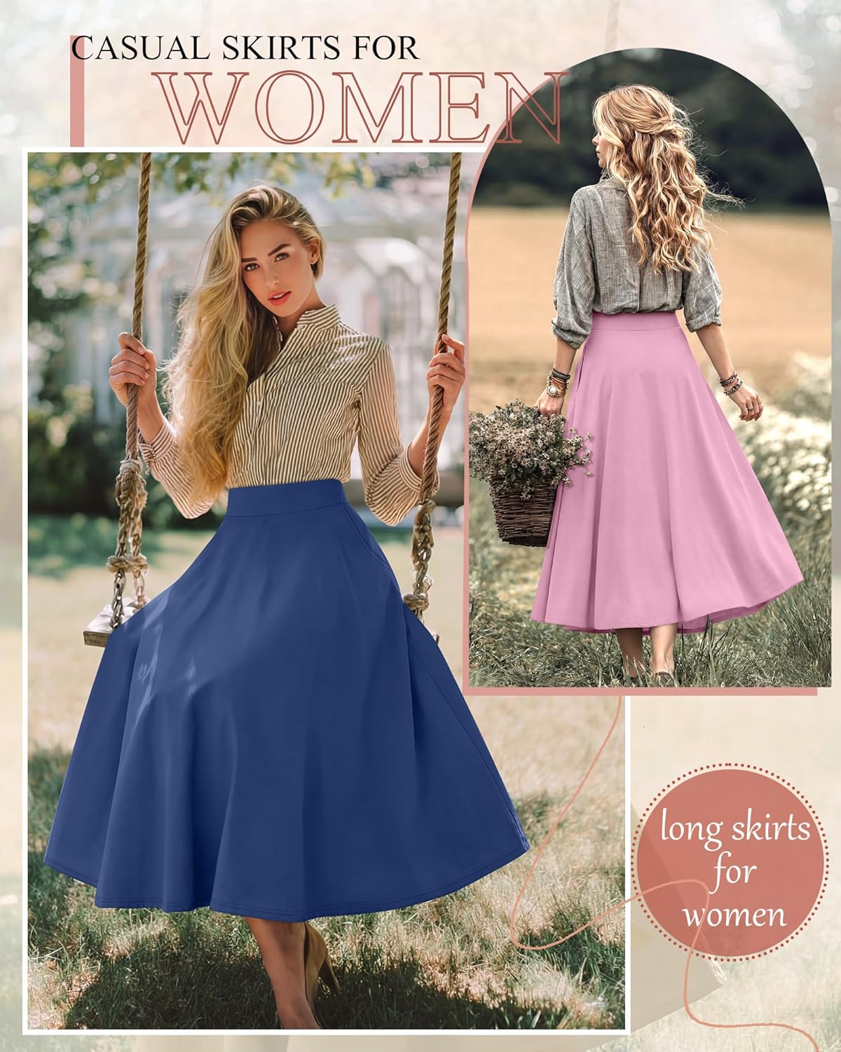 Ficerd 3 Pack Women's Maxi Long Skirts with Pockets, A Line Ankle Length High Waisted Flowy Soft Summer Casual Skirts - Image 3