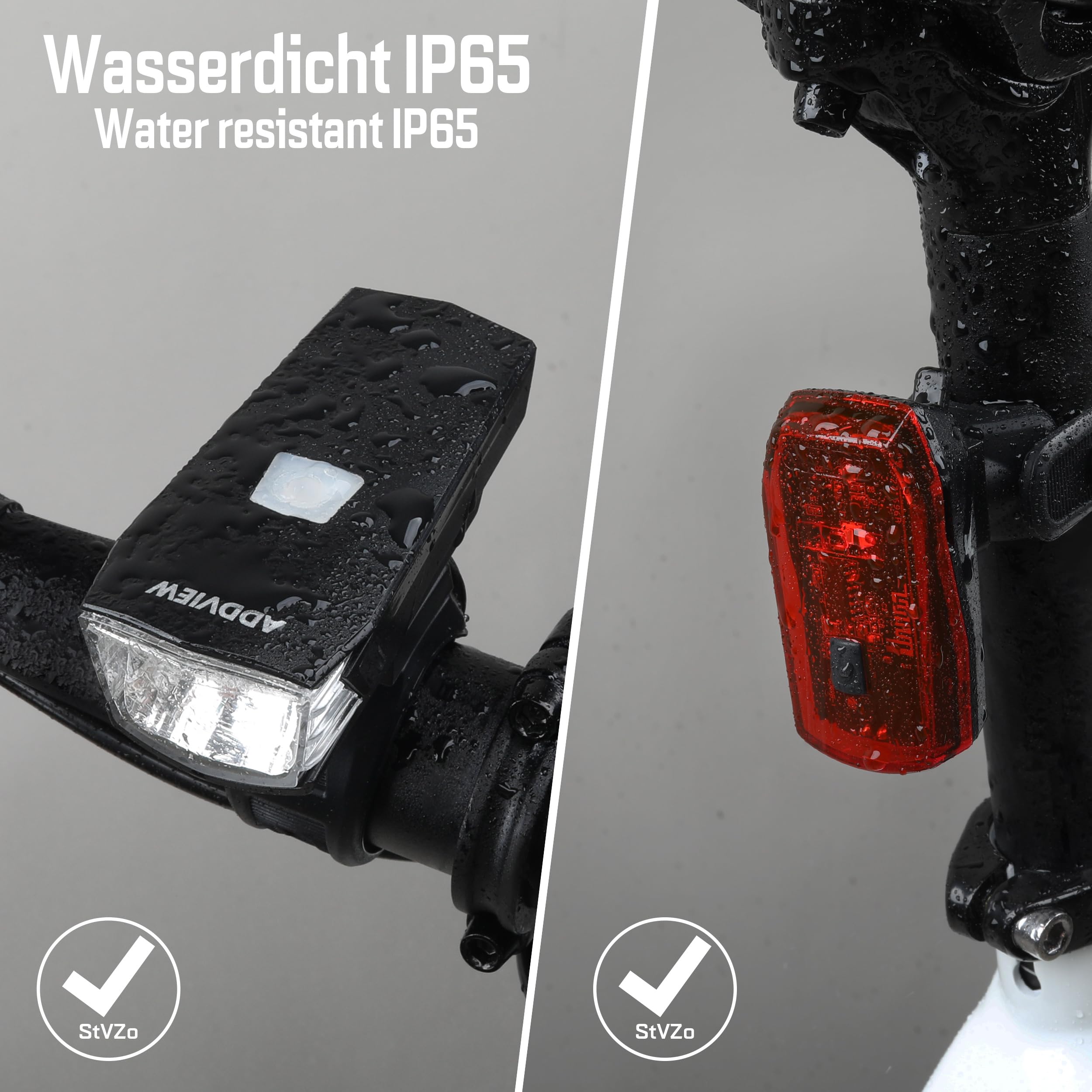 ADDVIEW Fahrradlicht-Set Brilliance – LED Frontlicht 30 Lux mit Akku & Rücklicht mit Batteriebetrieb, StVZO zugelassen, IP65 wasserdicht, kabellose Verbindung, werkzeugfreie Montage, 110 m Reichweite