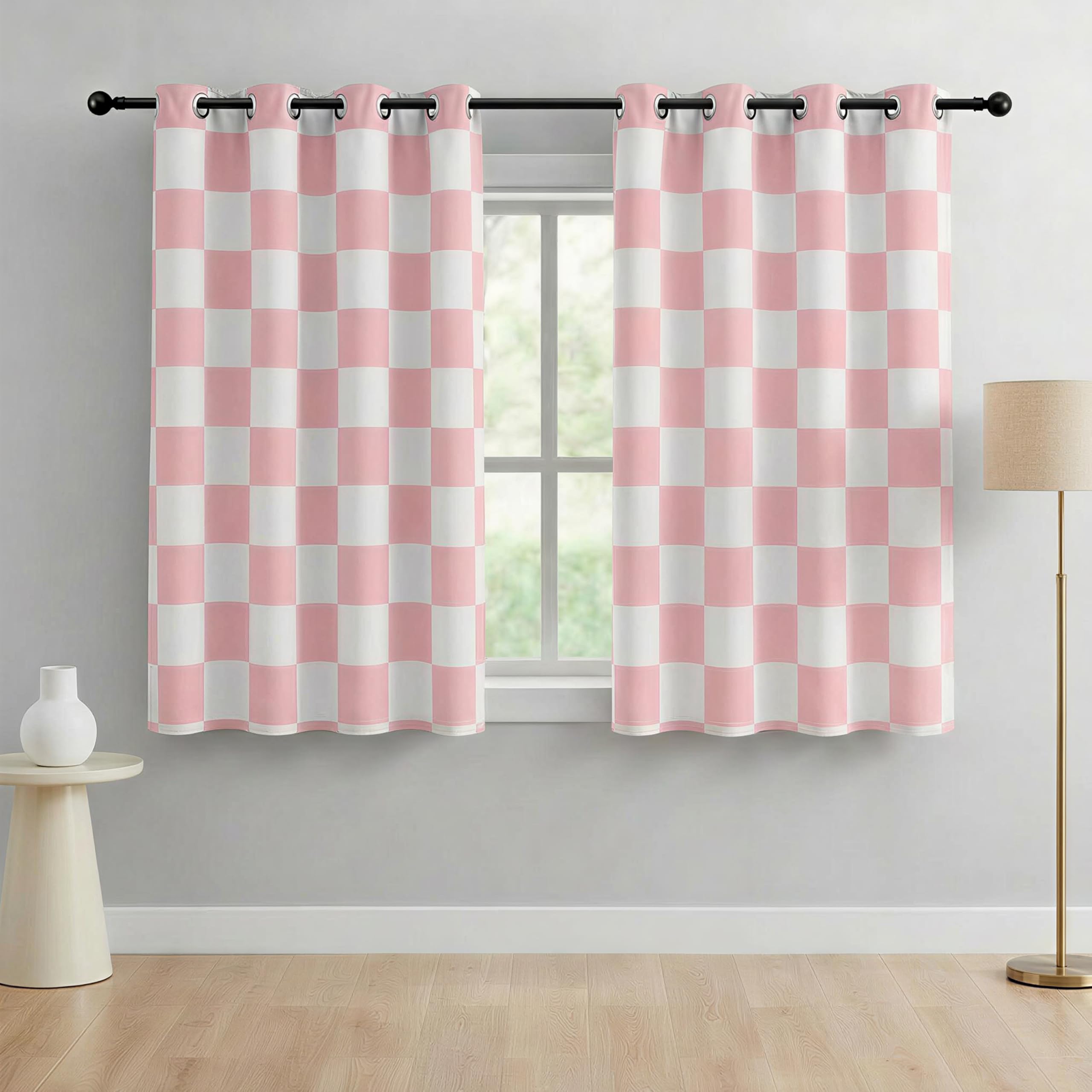BOHOMOCASA 100% Blackout Checkered Curtains – 2 Panels, Each W52×L63, Thermal Insulated, Nosie Reducing for Bedroom, Modern Pink and White Checkerboard Design for Girls Room — image 1