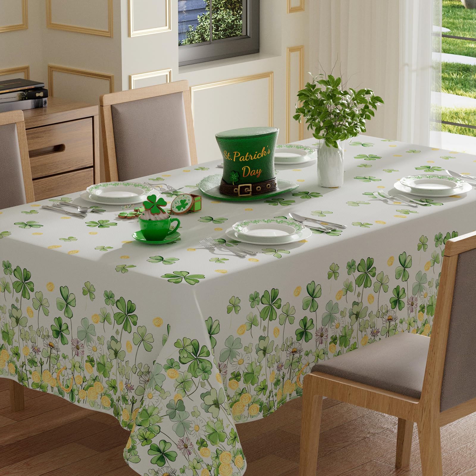 XCHI Shamrocks Clovers Coins Flowers Horseshoes St. Patrick's Day Tablecloth Rectangle Table Cloth Washable Table Covers for Indoor Dining Home Party