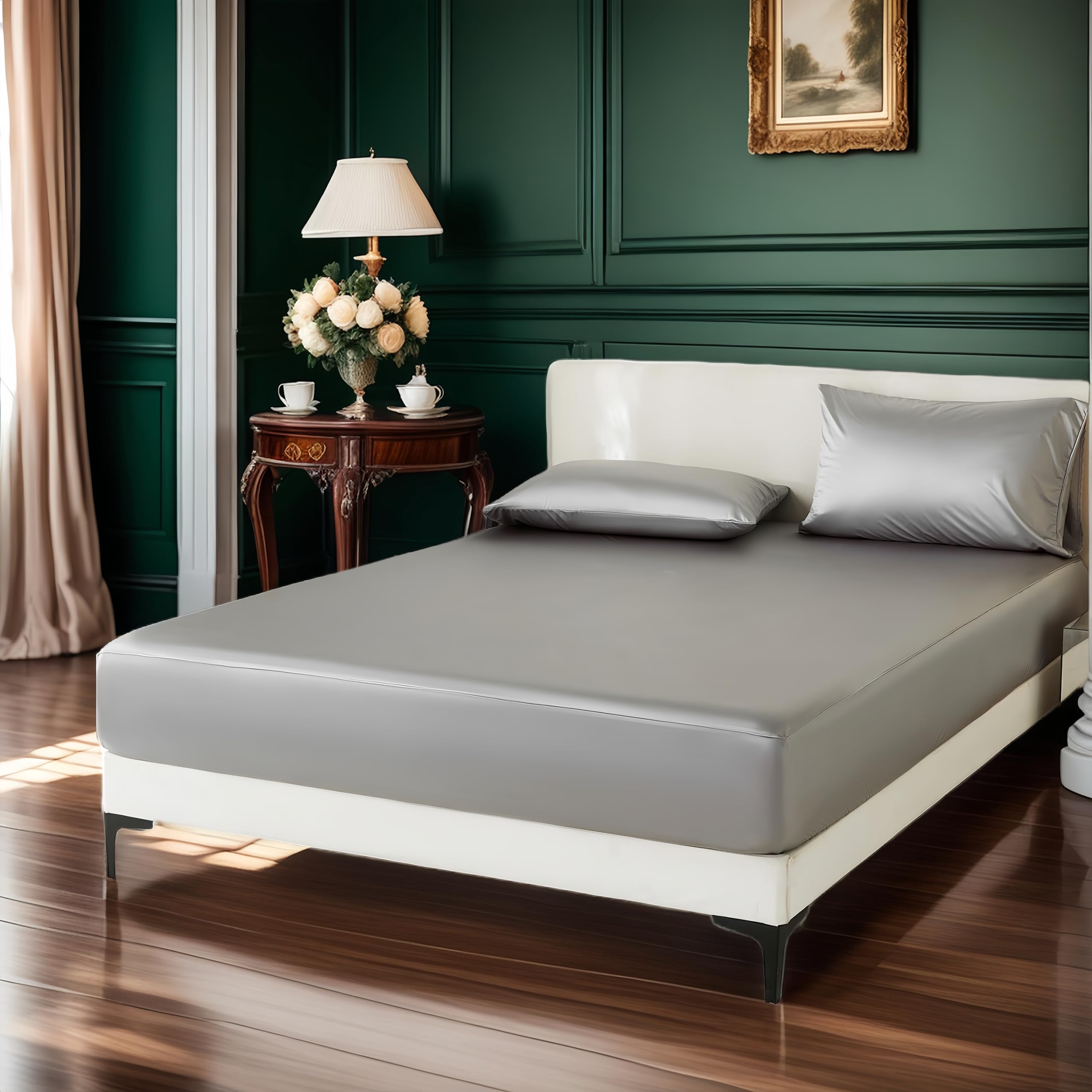 Hailyuwl Satin Twin Sheet Set 3-Pc, 75"x39" - Silky Soft, 15" Deep Pocket Fitted Sheet & 2 Pillowcases, Hypoallergenic Wrinkle-Free, Elastic Corners (