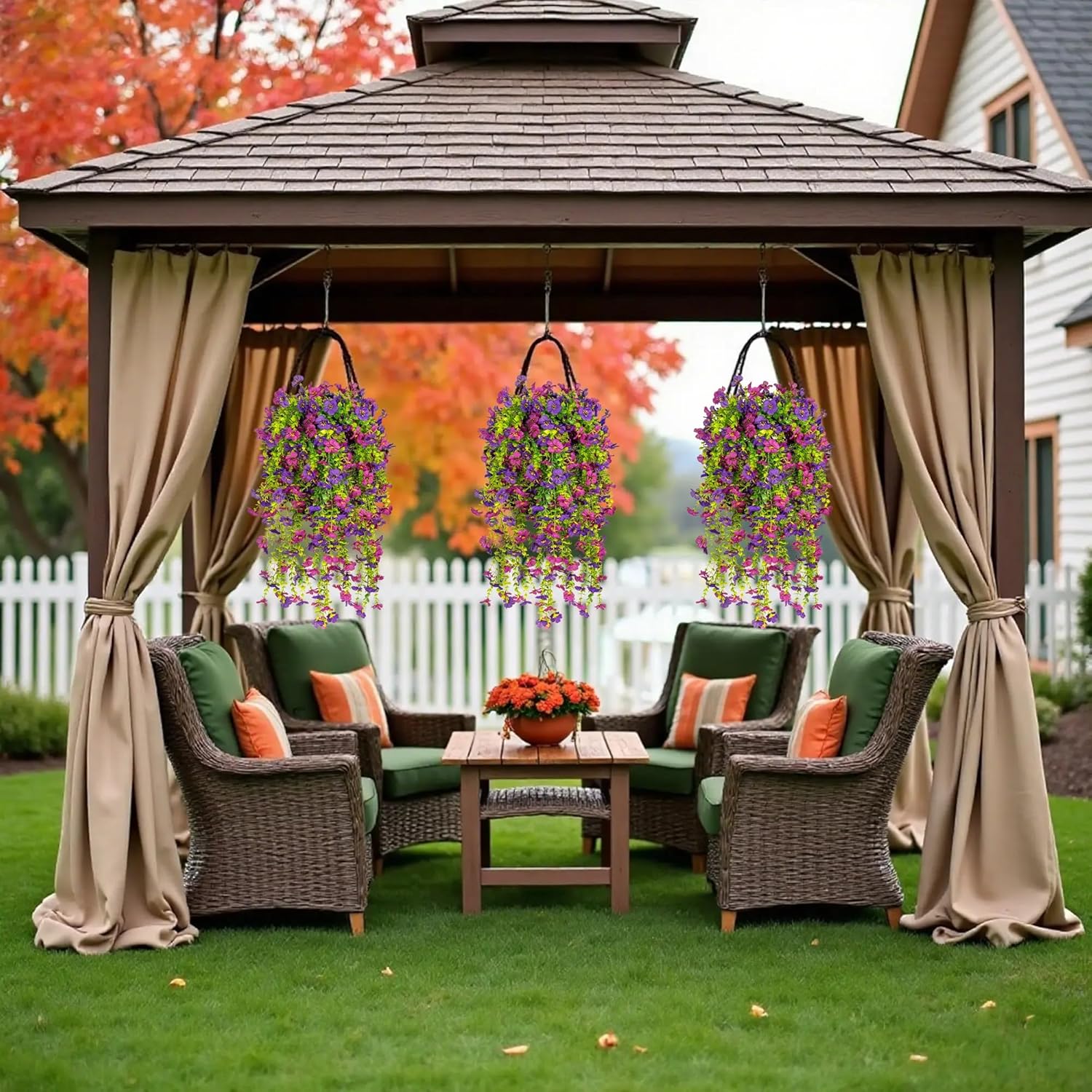 Artificial Fake Hanging Flowers Plants for Outdoors Spring Summer Decoration,6 PCS Realistic Faux Flowers Plants Silk UV Resistant for Outside Planter Garden Porch Patio Balcony Front(Double Purple) - Image 3