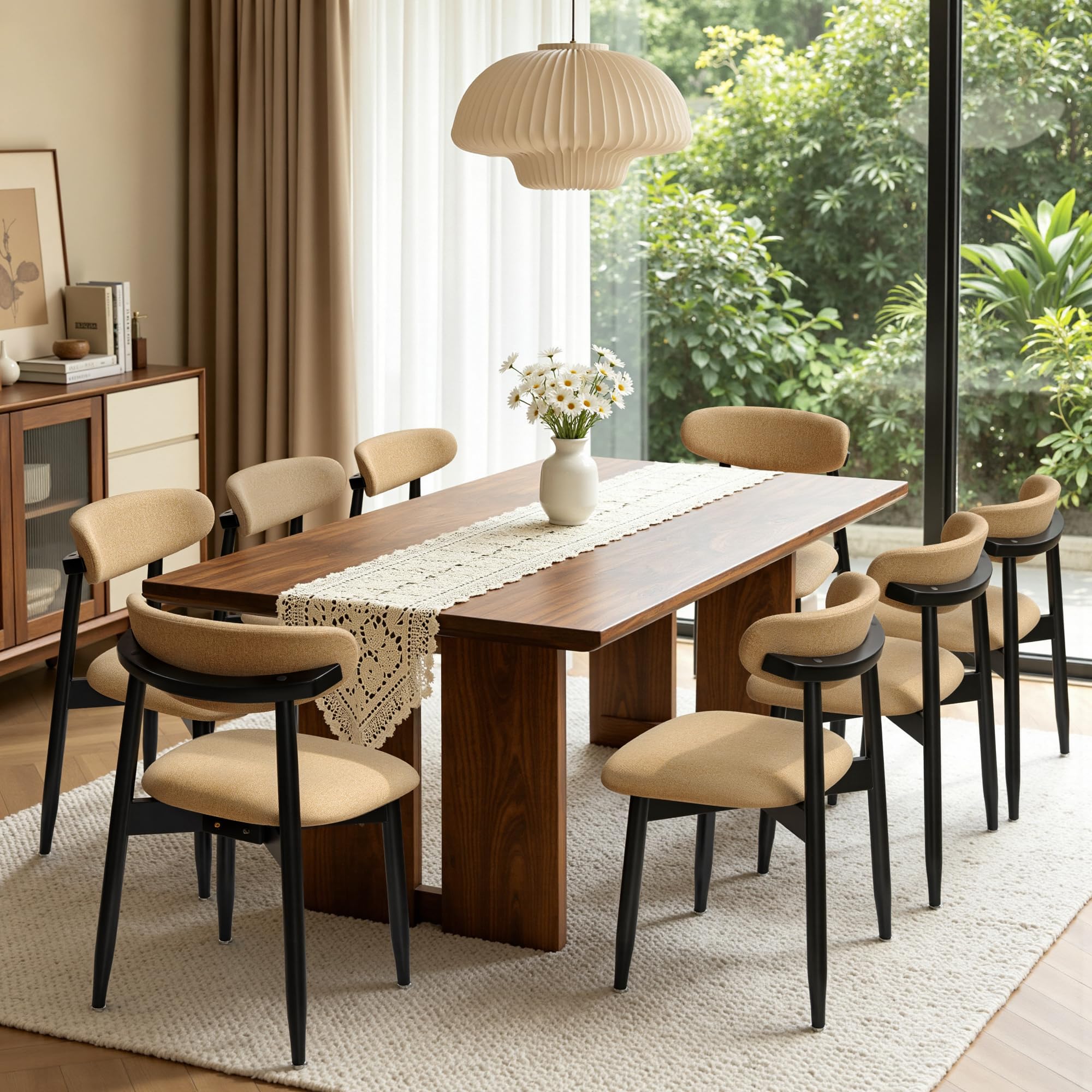 CHUN YI Dining Chairs Set of 8, Upholstered Solid Wood Dining Room Chairs, Mid Century Modern Fabric Kitchen Chairs with Ergonomic Curved Back, Khaki (Only Chairs)