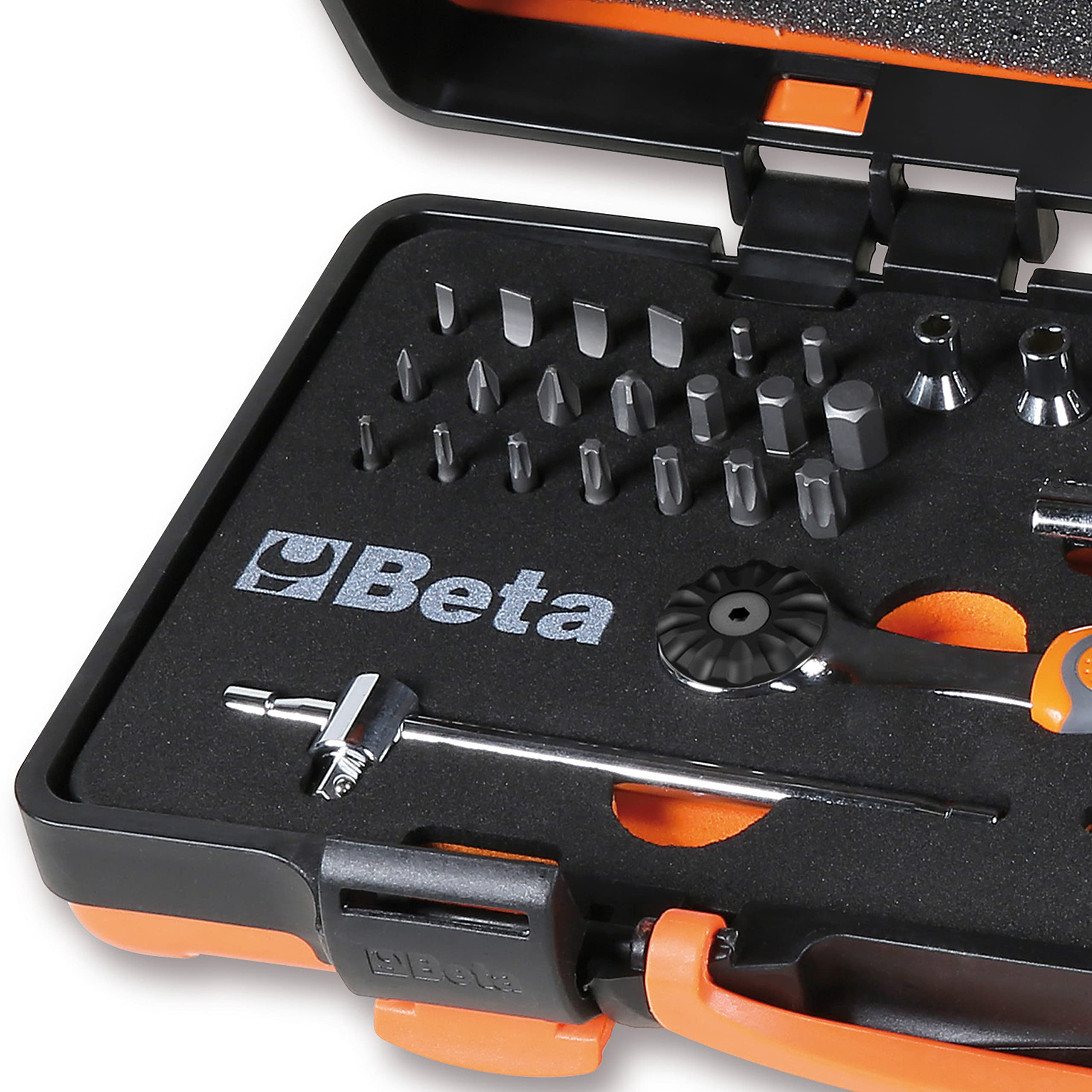 BETA - Set 12 Chiavi a Bussola 1/4" con 20 Inserti Avvitatore e 7 Accessori in Cassetta Metallica, Kit Professionale con Cricchetto 72 Denti per Officina e Manutenzione, 900/C12MZ