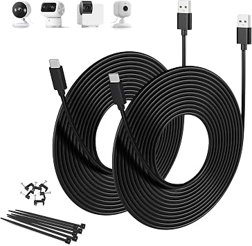 Basesailor USB A to USB C Charger Cable 10FT/2Pack,Long USBC Charging Cable Type C Extension Power Cord 2.0 for TP-Link Tapo 2k C120 Security Camera,Petcube Cam 360,Blink Outdoor 4,No Data Transfer