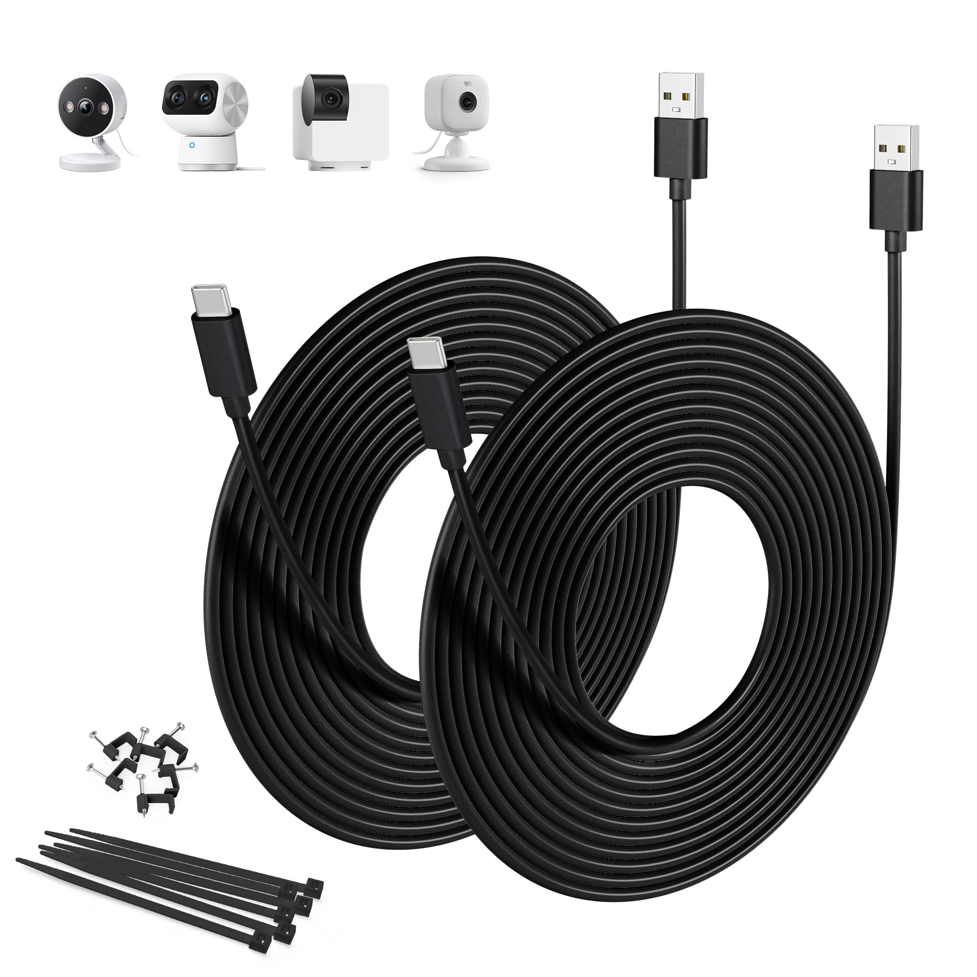 Basesailor USB A to USB C Charging Cable 30FT/2Pack,Extra Long USBC Extension Power Cord 2.0 for Xiaomi Smart Camera C400,Petcube Cam 360,TP-Link Tapo 2k C120,Eufy SoloCam C210/S340,No Data Transfer