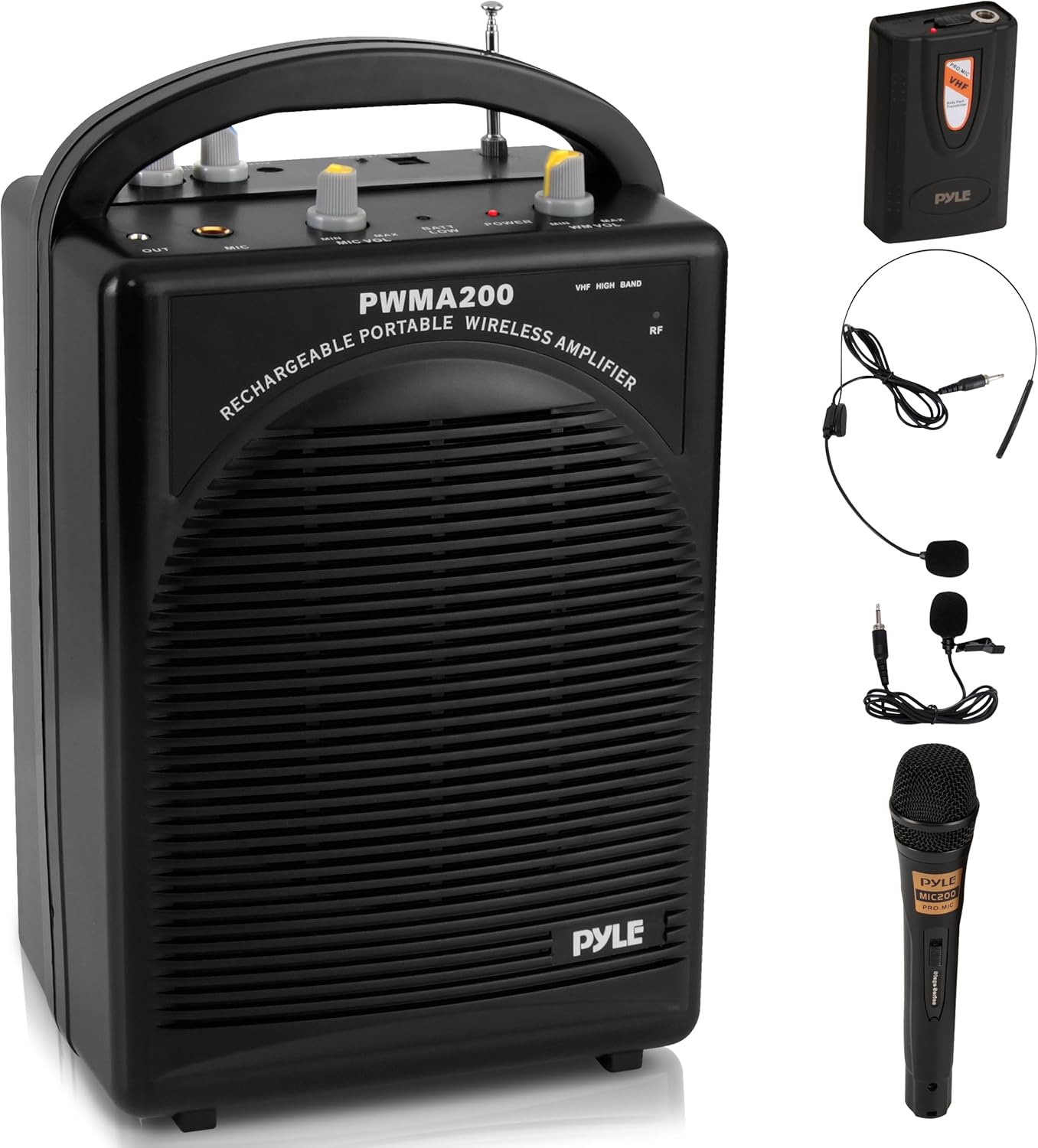Pyle Portable PA Speaker & Microphone System – FM Stereo Radio, Built-in Rechargeable Battery, Aux & Microphone Inputs, Includes Beltpack, Hand-held Headset & Lavalier Mics – Black Pyle Portable PA Speaker & Microphone System – FM Stereo Radio, Built-in Rechargeable Battery, Aux & Microphone Inputs, Includes Beltpack, Hand-held Headset & Lavalier Mics – Black