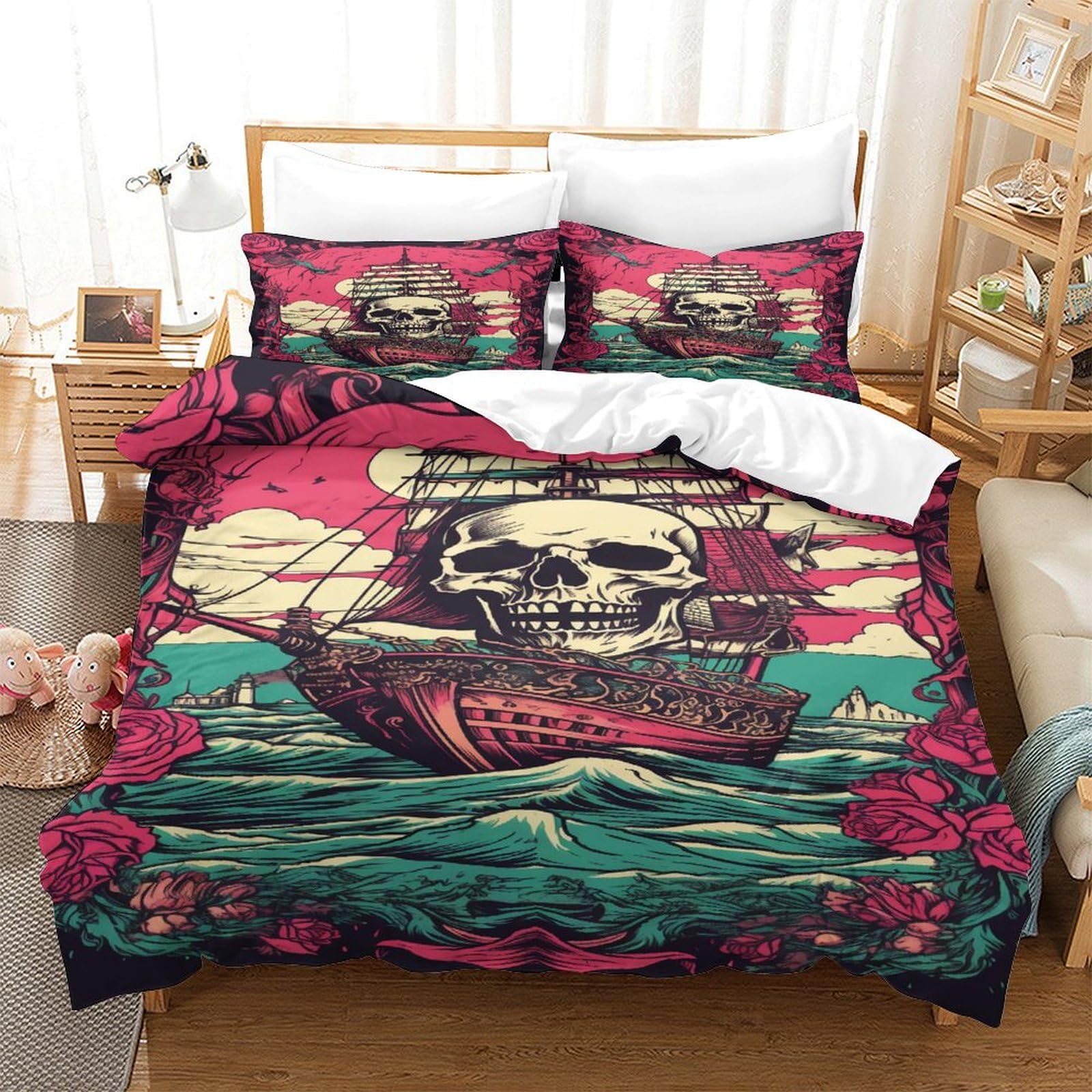 P1S9U7W5Y Edgy Pirate Skull 3D Printed Duvet Cover Set 3pcs Microfiber Skull Ocean Bedding Set King