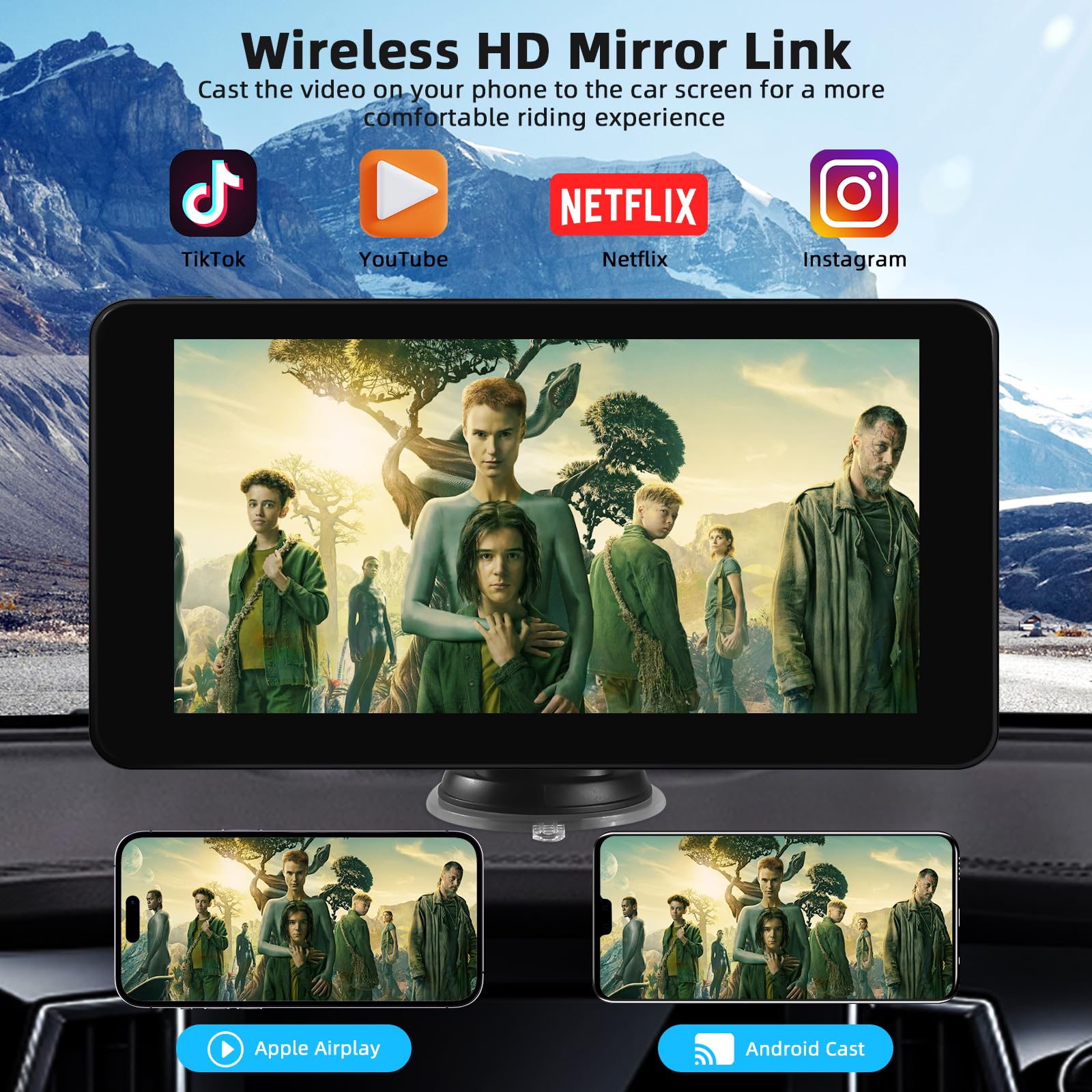 Carplay Voiture pour sans Fil Carplay & Android Auto, 7 Pouces Ecran Voiture, Drive Buddy Android Auto, Autoradio Portable avec Bluetooth, Mirrorlink, GPS Navigation, Assistant Vocal, FM, AUX