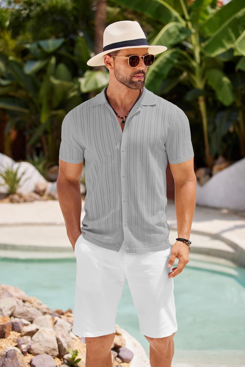 COOFANDY Men's Knit Shirts Short Sleeve Button Down Polo Shirt Crochet Casual Vintage Summer Beach Shirts Light Gray Large image 2 of 5 B0DRJSRK7S