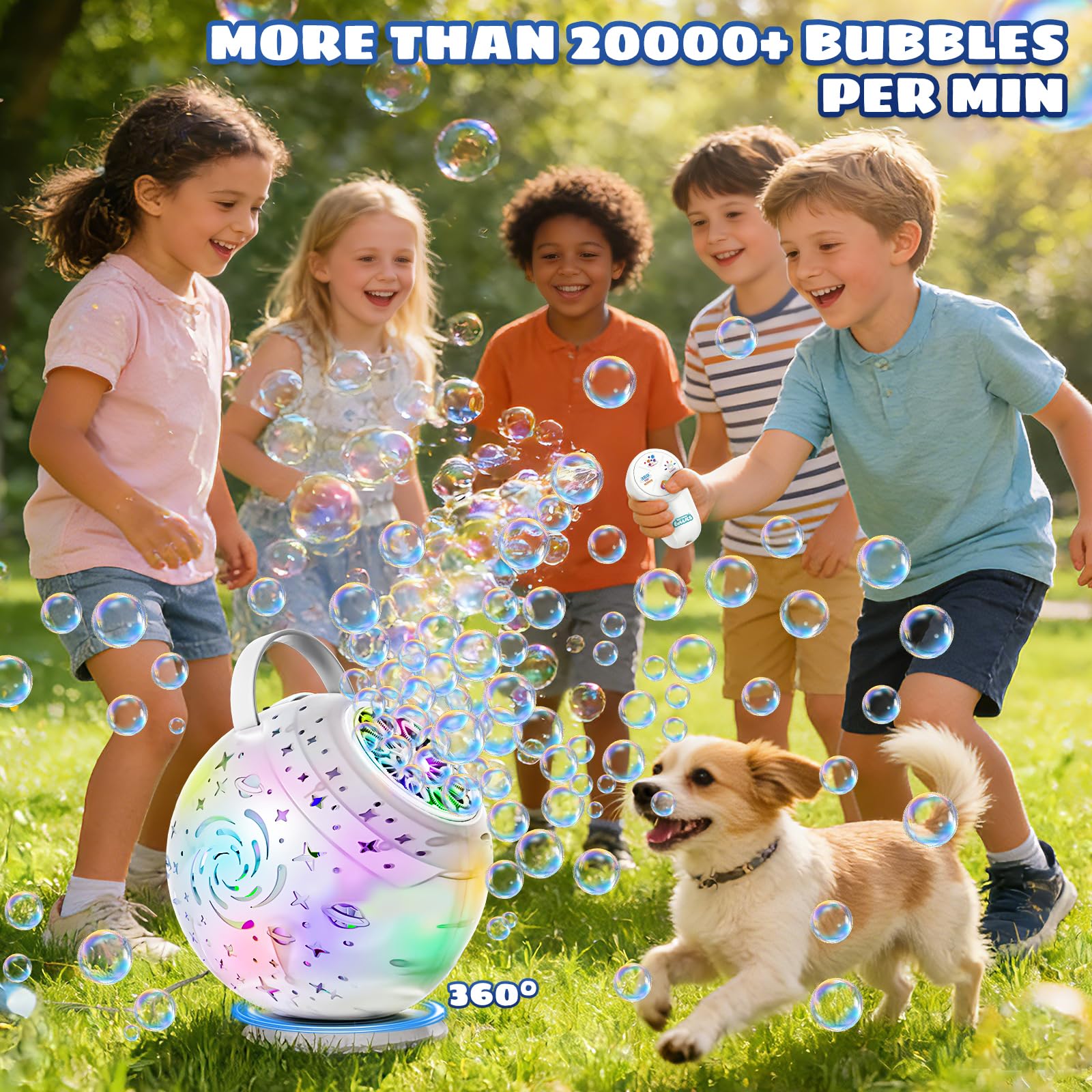 Sitodier Macchina per bolle con telecomando, rotazione automatica con luce e bolle musicali, batteria ricaricabile, per bambini, matrimoni, feste di compleanno e attività all'aperto