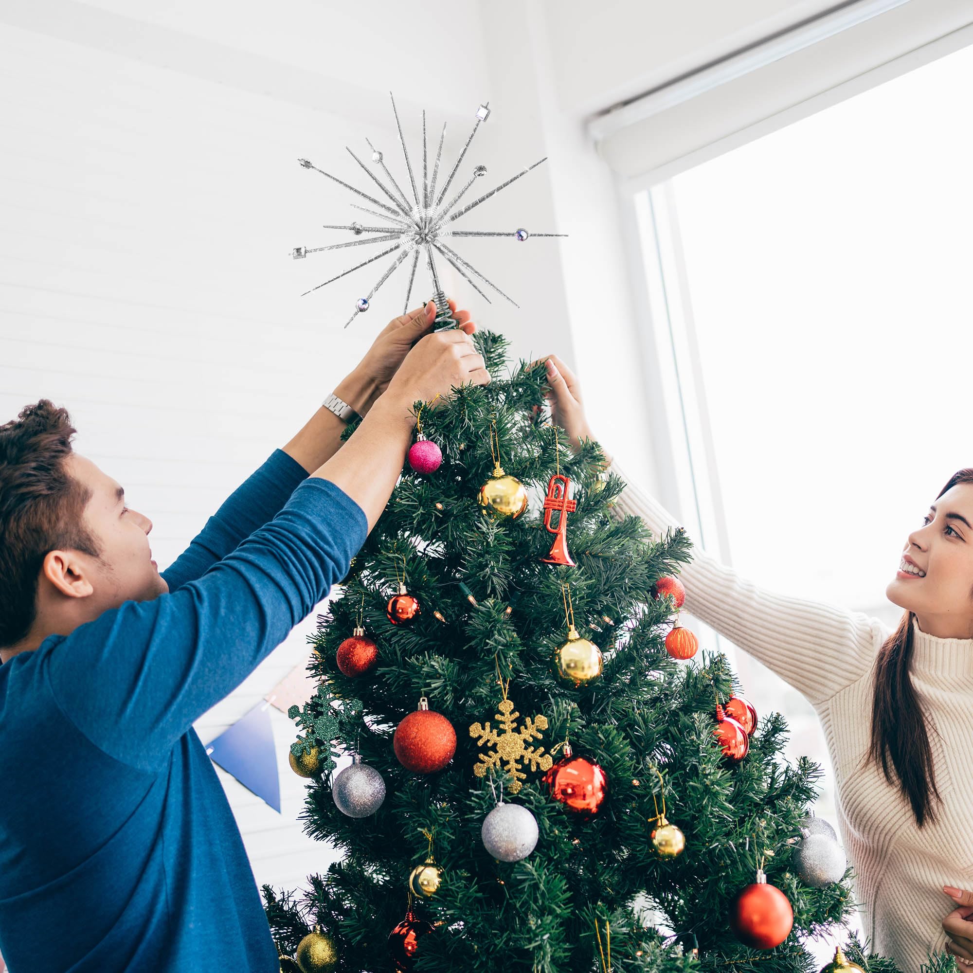 Decoración para árbol de Navidad de 15 pulgadas, estilo retro de mediados de siglo, decoración de árbol de estrella iluminada en 3D con cristal y 19 luces parpadeantes (plateado)