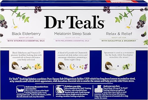 Miniatura 4 de Dr Teal's Juego de regalo de trío de sal de Epsom (tres bolsas de 14 onzas)  Relájate y alivia, remojo de melatonina y saúco negro  Regala el regalo