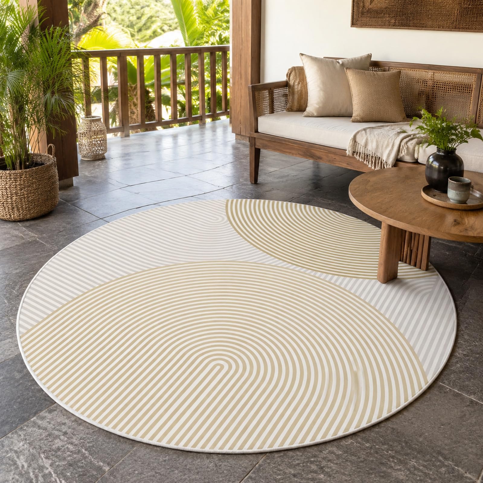 Tapis rond beige pour chambre et cuisine ambiance moderne 140 cm