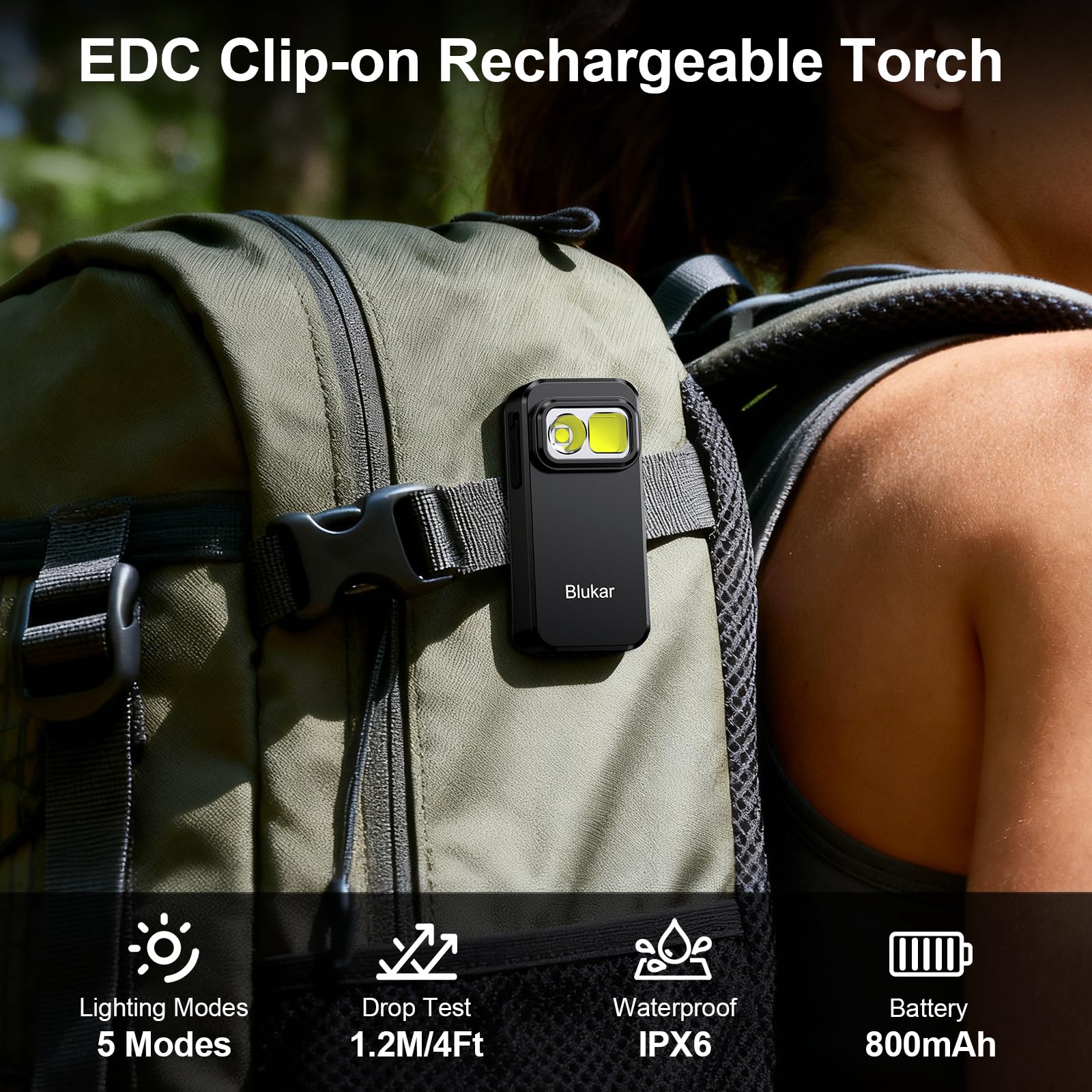 Blukar Torcia EDC con Clip, Super Luminoso Mini Torcia LED Ricaricabile Potente, 3 Fonti di Luce & 5 Modalità, Funzione di Memoria, Portatile Tascabile Flashlight per Campeggio/Emergenza/Trekking