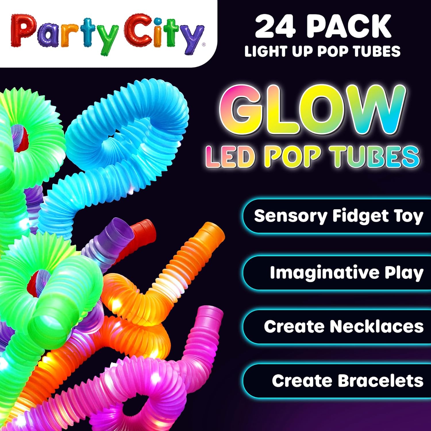 Party City 24pk LED Light Up Pop Tubes 25”- 3 Mode Stretchy Tubes LED Light Up Toys Bulk Glow Sticks Party Favors for Kids Necklaces Bracelets Neon Glow in the Dark Supplies Fidget Sensory Tube Pack - Image 2