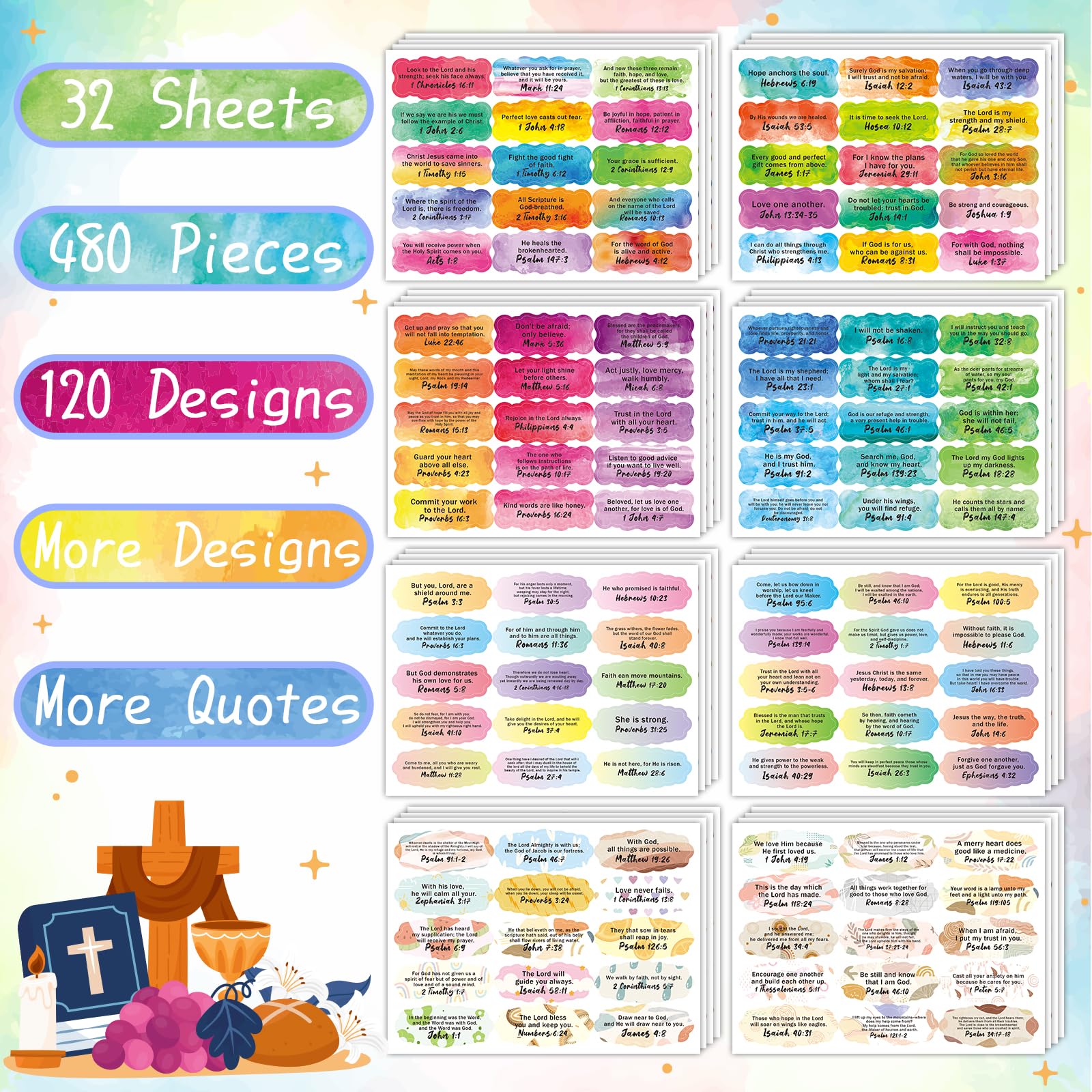 STKJoviale 480 PCS Bible Verse Stickers, Scripture Inspirational Christian Stickers Religious Bible Quote Sticker for Journaling Planner, Faith Decals for Laptop Present Tags - Image 2
