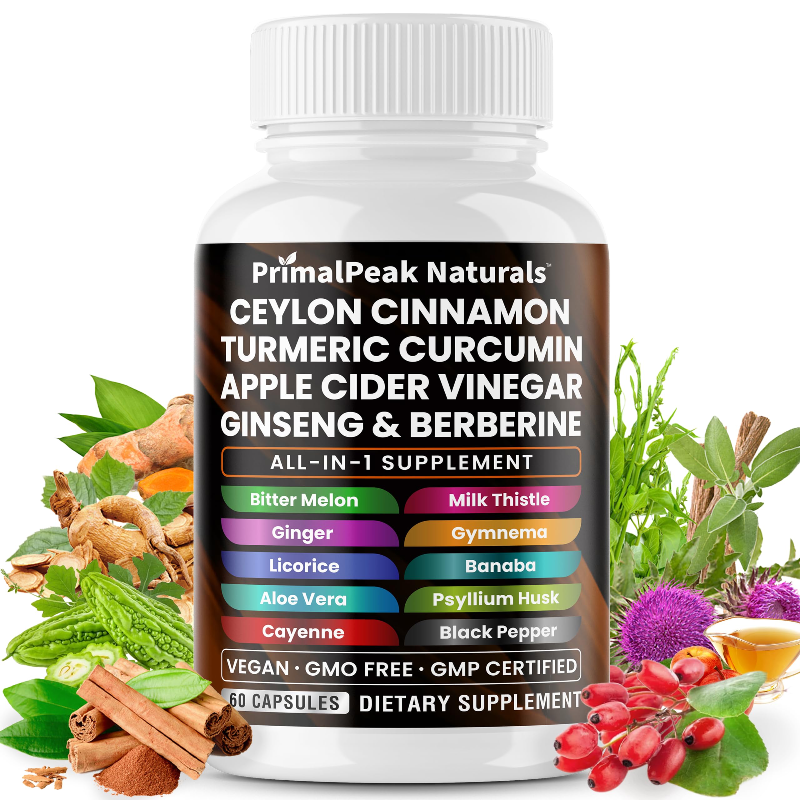 Ceylon Cinnamon Apple Cider Vinegar Turmeric Curcumin Panax Ginseng Berberine with Bitter Melon Banaba Milk Thistle Gymnema Sylvestre 60 Vegan Capsules 60 Count (Pack of 1)