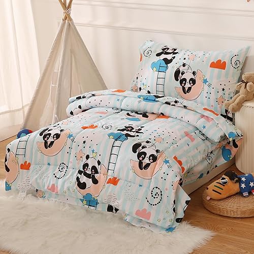 Miniatura 7 de JSD Blue Panda - Juego de ropa de cama para niños pequeños, juego de sábanas de edredón de 4 piezas, lavable a máquina