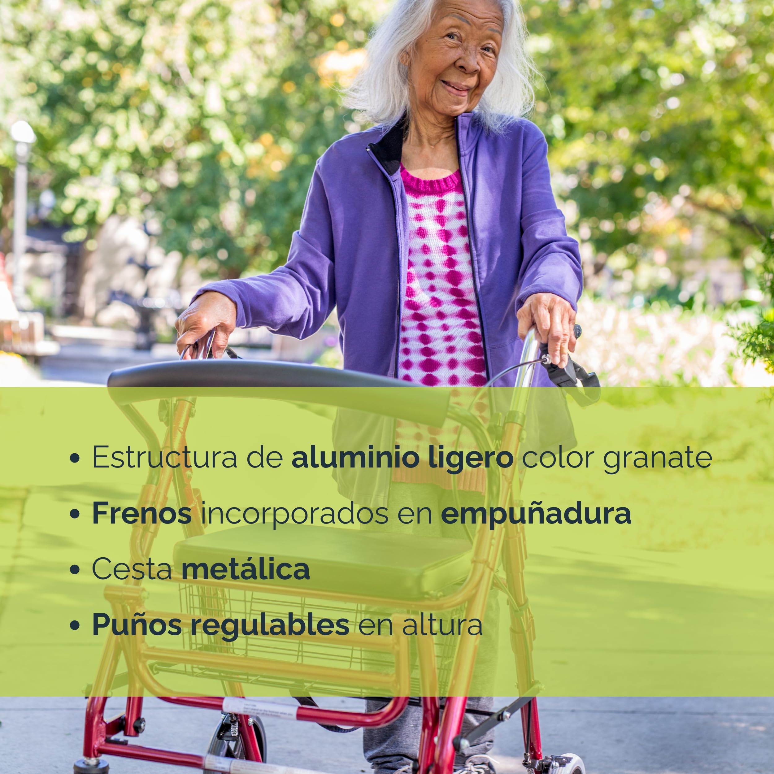 Sanitec - Silla Rollator con Frenos en Empuñadura | Andador para Ancianos Plegable | Andadores Adultos con Estructura de Aluminio | Andador con Asiento, Cesta y Reposapiés | Andadores para Ancianos