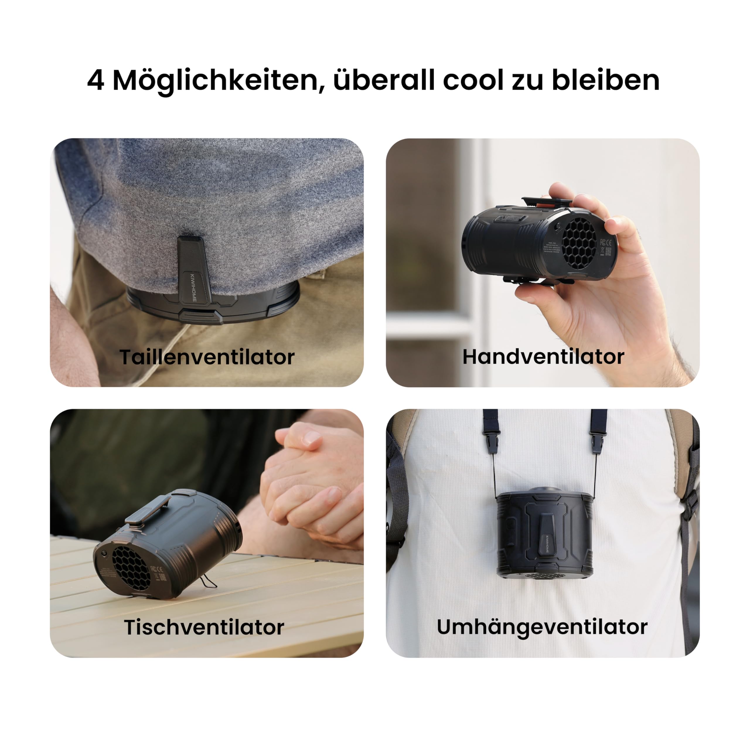 KIWIHOME Tragbarer Taillen-Clip-Ventilator, 360° drehbarer Luftstrom mit 10° vertikaler Anpassung, Gürtelventilator mit physischem Schalter, 4-in-1 Ventilator für Outdoor-Arbeit, Camping, Reisen