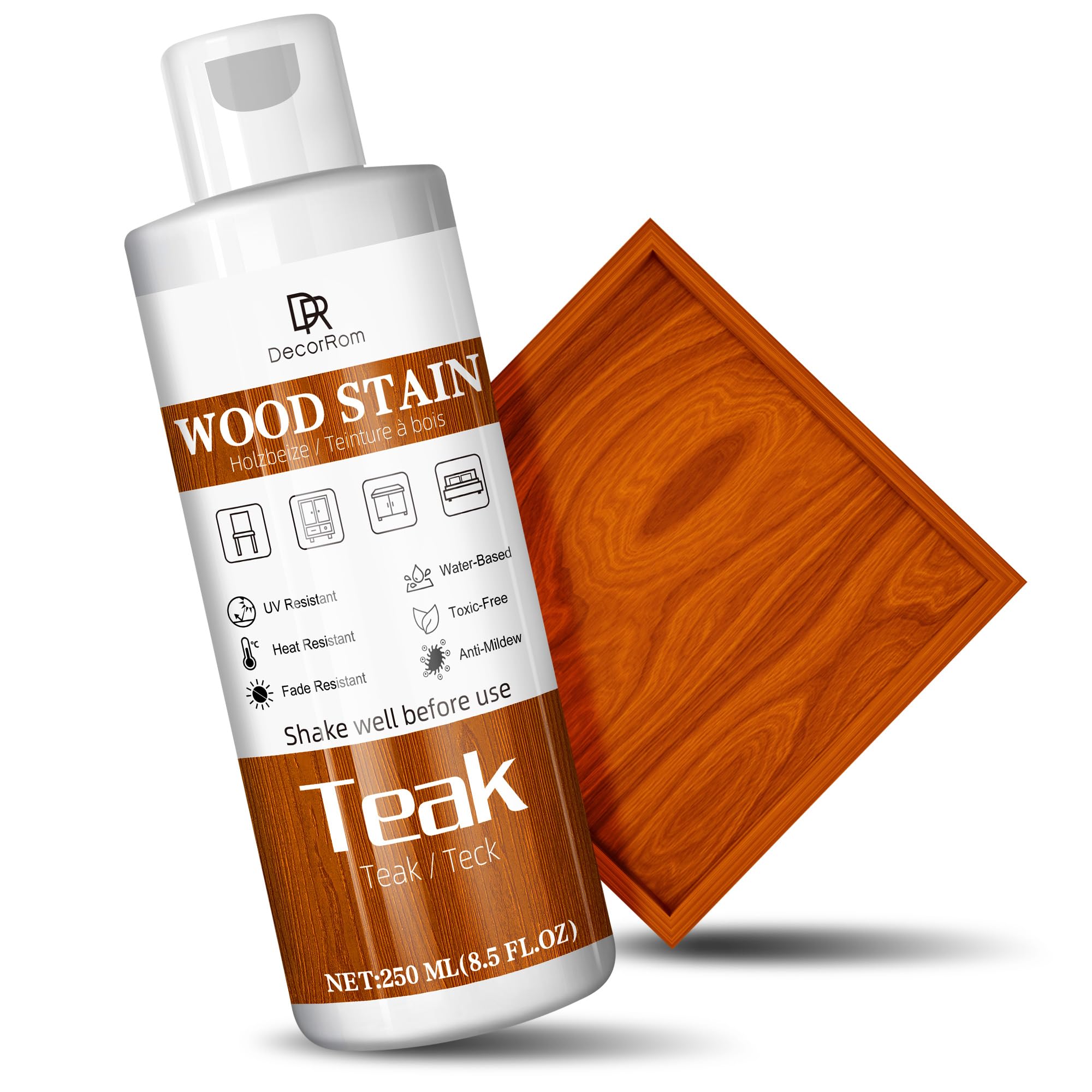 Wood Stain, 250 ml, Teak Paint, Water-based Stain, Matt Wood Stain, Quick-Drying for Wooden Furniture, Indoor and Outdoor Use, Doors, Windows, Cabinets, Wall Coverings, Odourless, Non-Toxic
