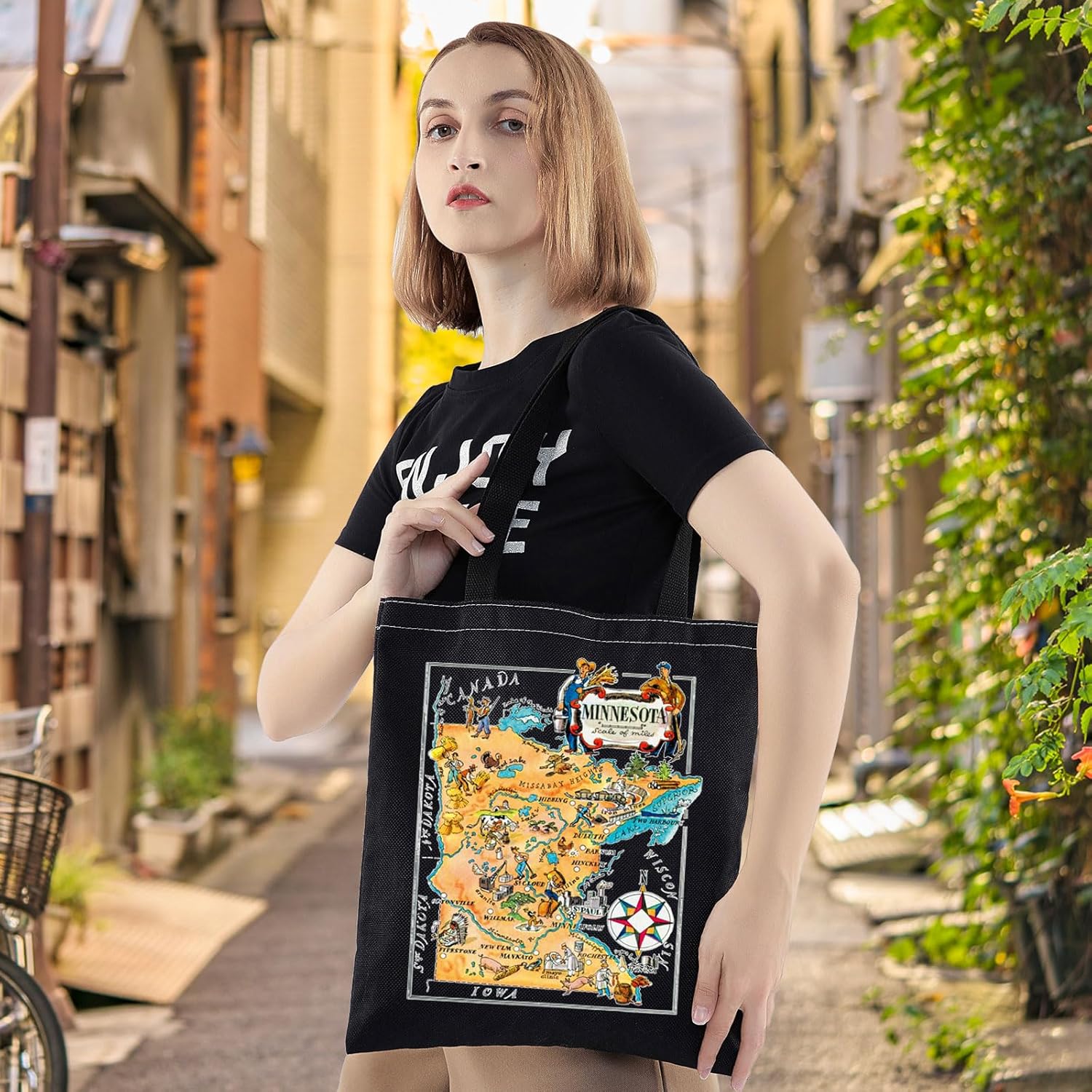 LEVLO Fun State Map Tote Bag - Minnesota Travel Souvenir Gift - 1940's Minnesota Cartoon Illustration Shoulder Bag - Image 2