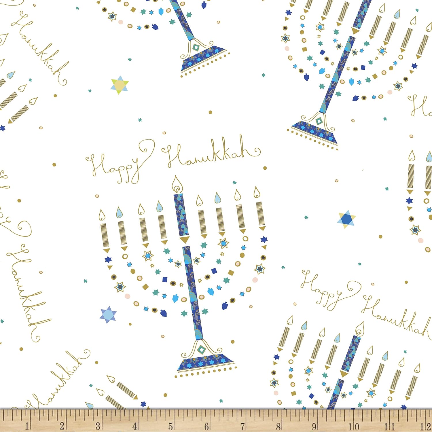 QT Fabrics Digital Hanukkah Greetings Menorahs White, Fabric by the Yard