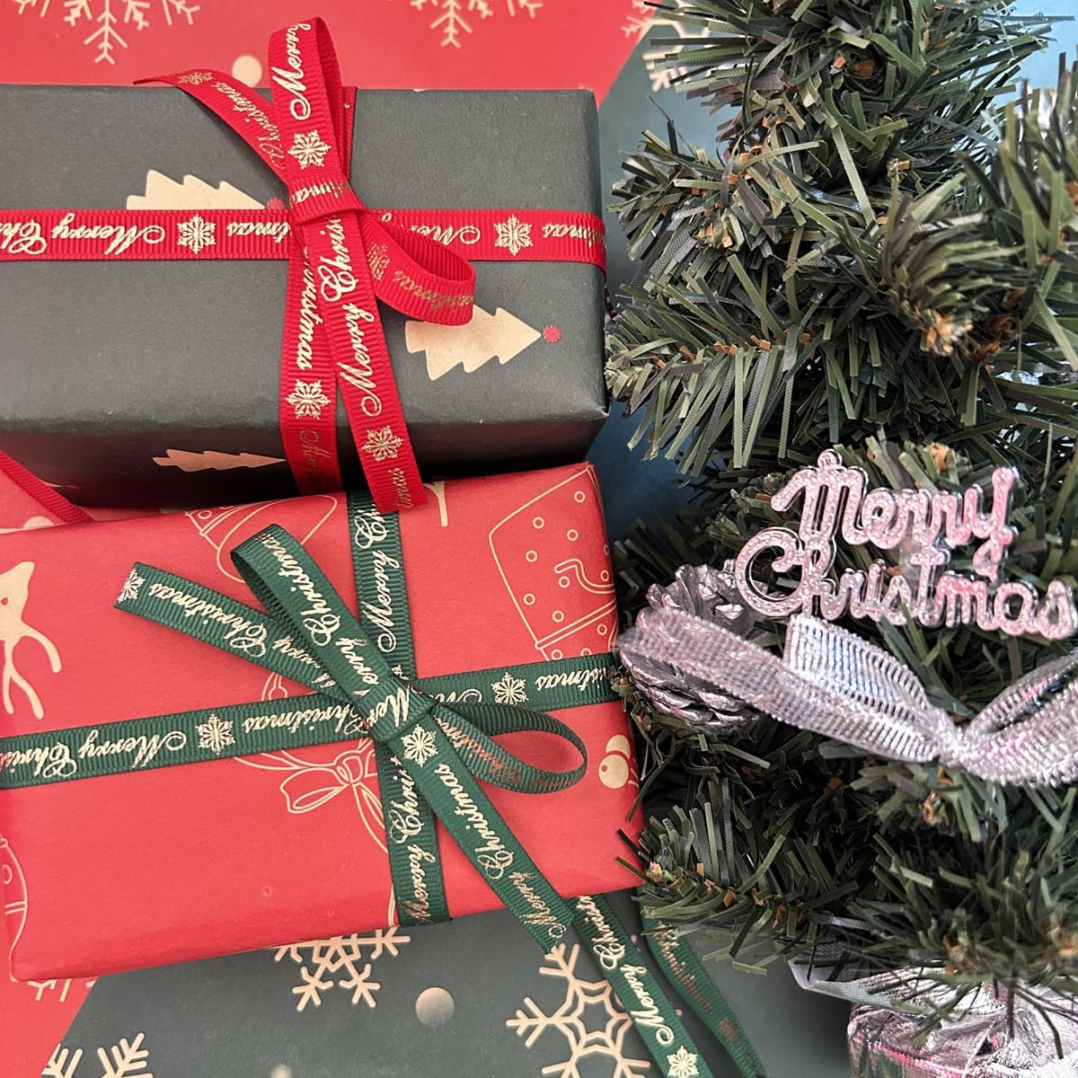 2 Roll 4 Yards Christmas Ribbon Polyester Satin Christmas Wired Ribbon Incl.Christmas Tree, Smile Face, Snowflake, Merry Christmas Ribbon for Wreaths Bows Christmas DIY Bouquets Crafts Decor (0.39in)