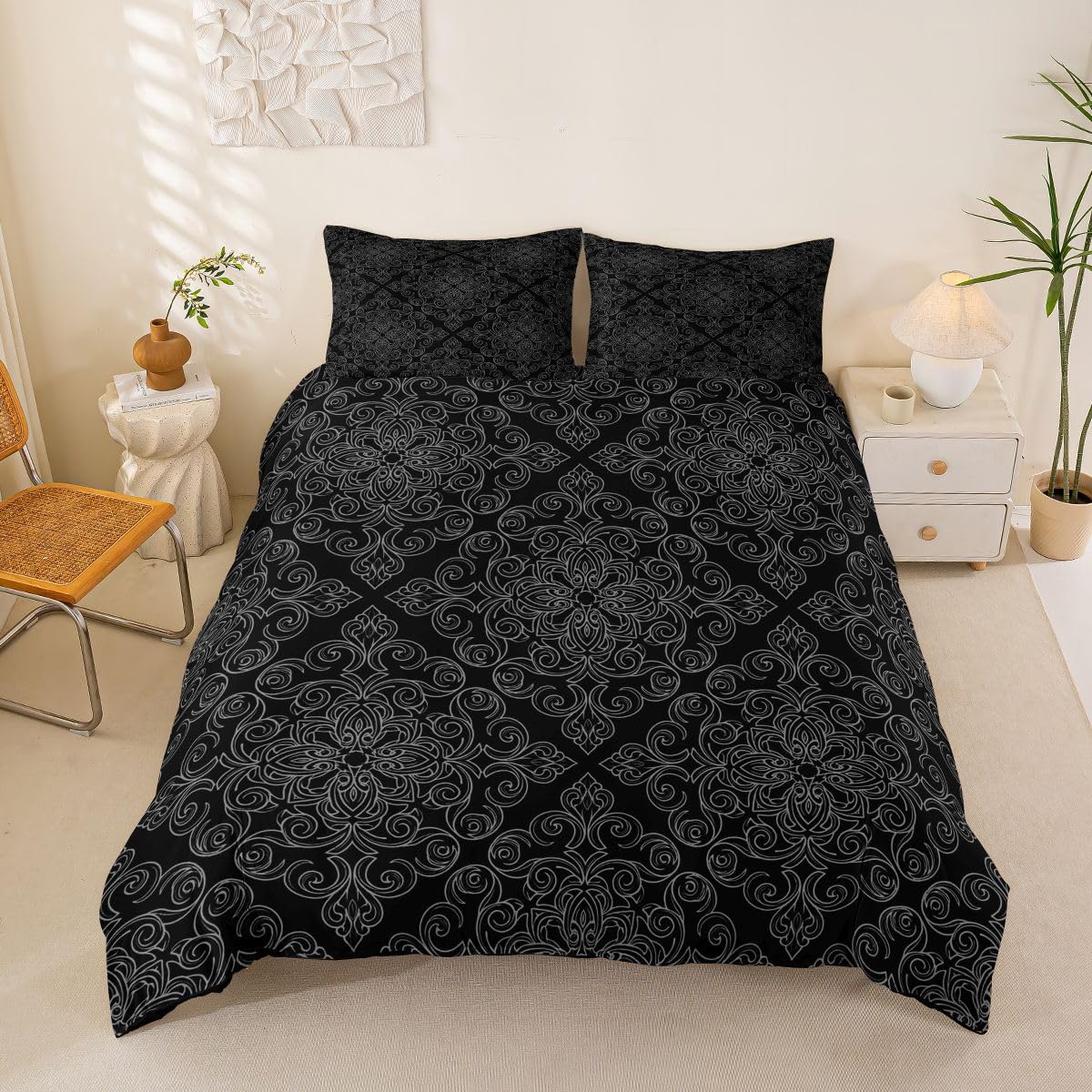 Homemissing Black Damask Duvet Cover Set Super King Size for Kids Boys Girls Vintage Damask Floral Bedding Set Antique Victorian Baroque Duvet Cover with 2 Pillowcases Luxury Royal Bedding — image 1