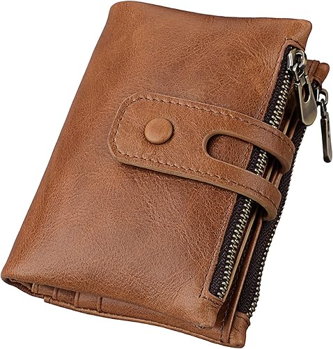 Cartera de cuero genuino para hombres RFID bloqueo plegable con bolsillo para monedas, billetera de seguridad con cremallera, Marrón (Brown-01),