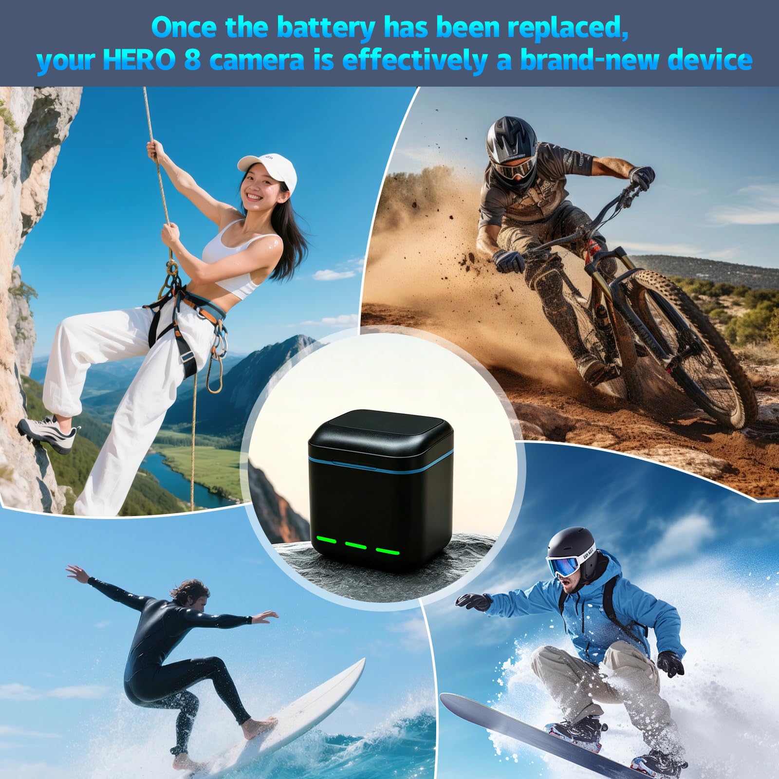 Lot de 3 batteries Hero 8 + chargeur à 3 ports compatibles avec GoPro Hero 8/7/6/5/2018 Noir